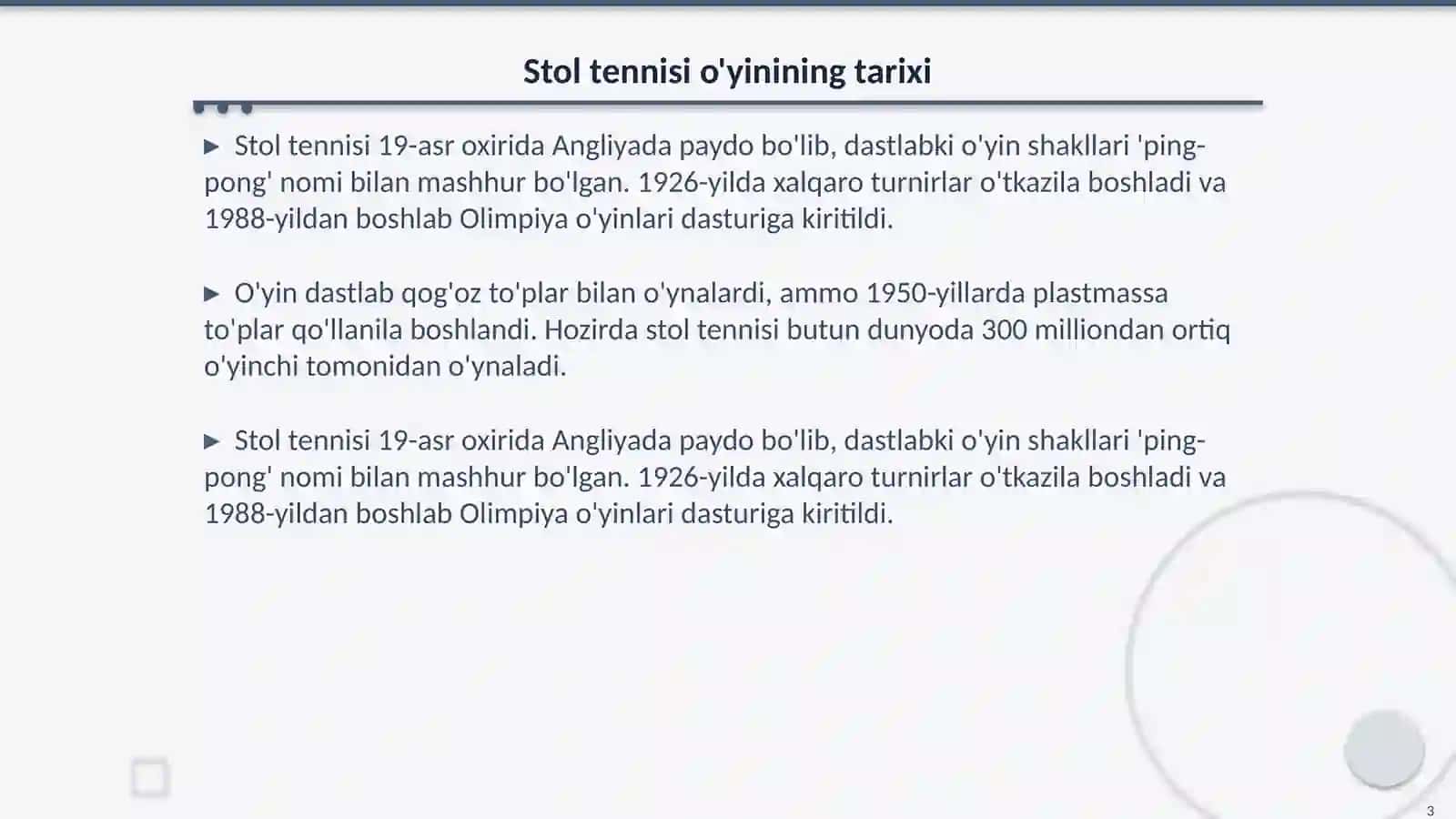 Stol tennisi o'yinida uchraydigan holat va harakatlarga o'rgatish 3