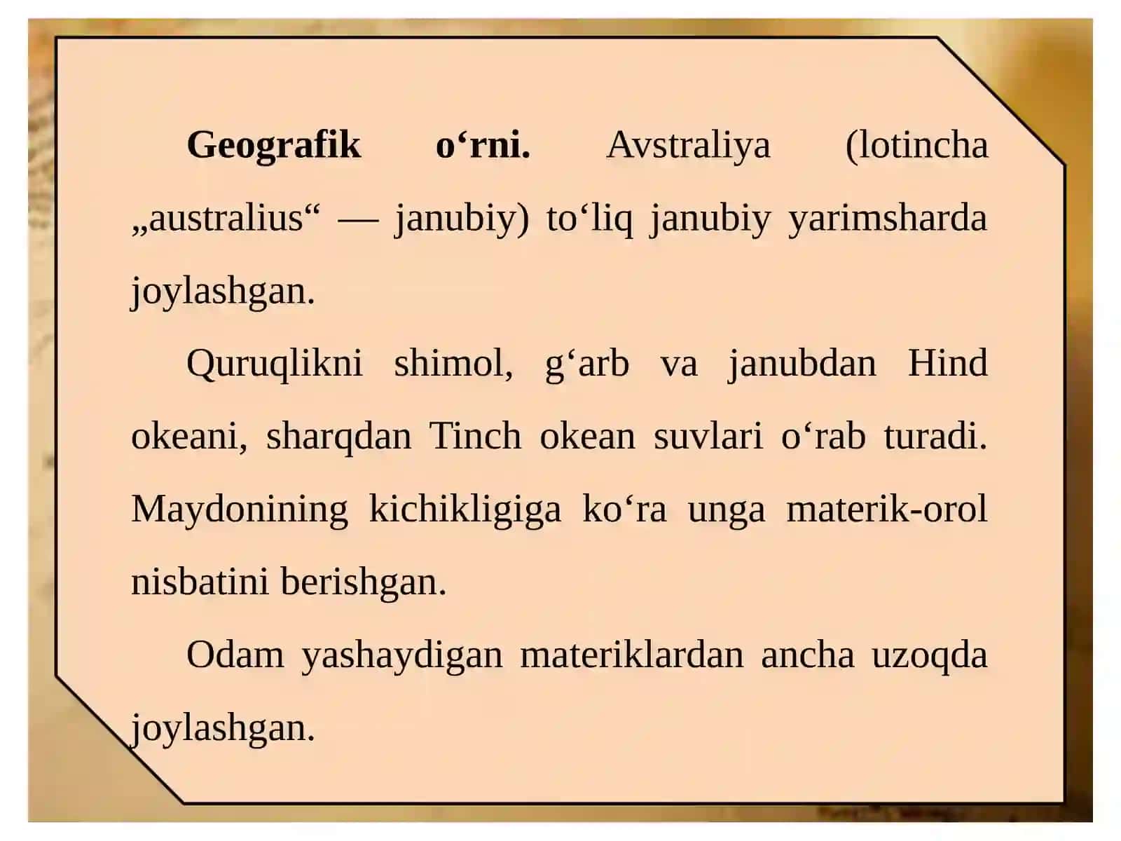 AVSTRALIYA VA OKEANIYA. Avstraliyaning geografik o‘rni, o‘rganilish tarixi, geologik tuzilishi, foydali qazilmalari. Relyefi. 7-sinf geografiya fanidan dars ishlanma. 3