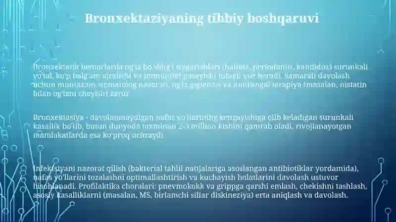 Bronxoektik kasallik, etiologiyasi,oĝiz bòshliĝida òziga xos òzgarishlar,davolash va profilaktikasi. Зарнигора🪽 3