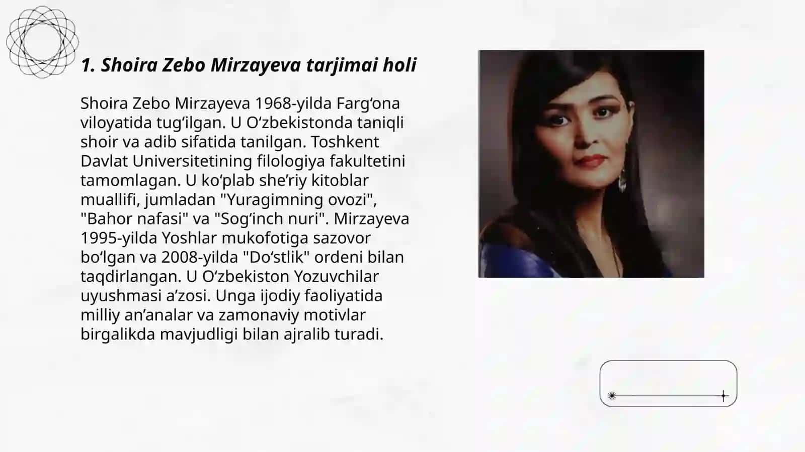 Shoira Zebo Mirzayeva hayoti va ijodi 3
