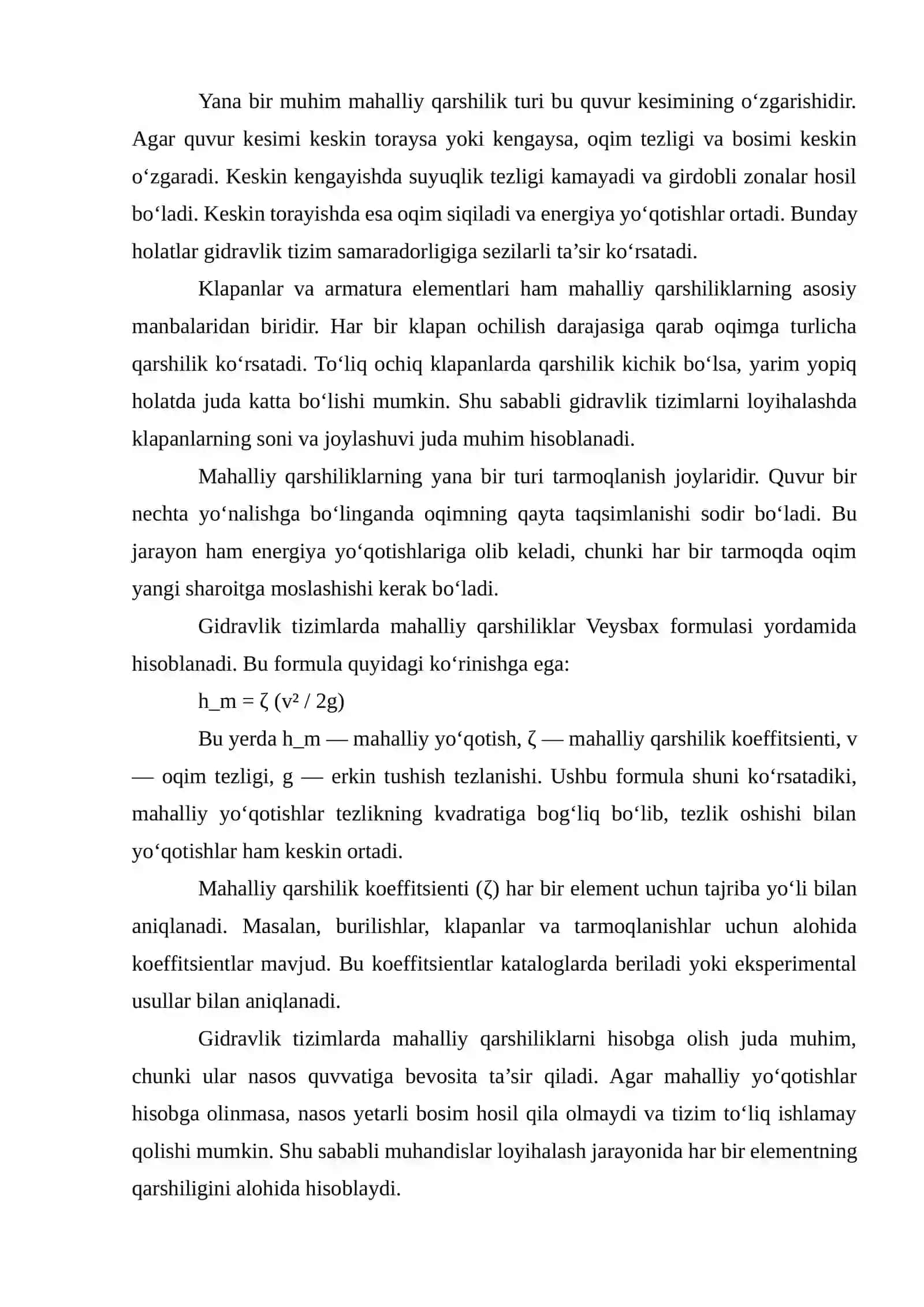 Mahalliy qarshiliklarda yo‘qolgan energiya (napor). Veysbax formulasi 3