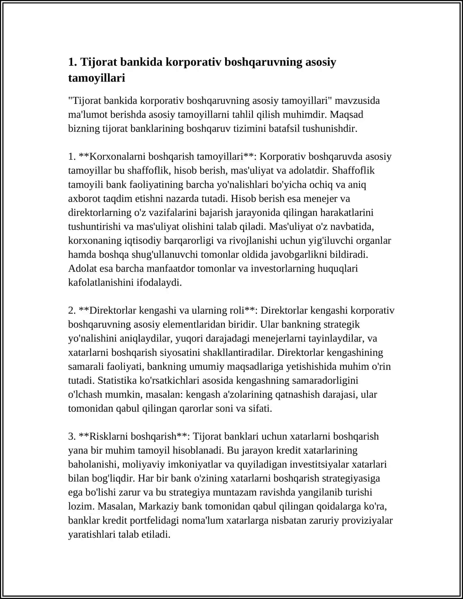 MUSTAQIL ISH Mavzu: TIJORAT BANKIDA KORPORATIV BOSHQARUV 3