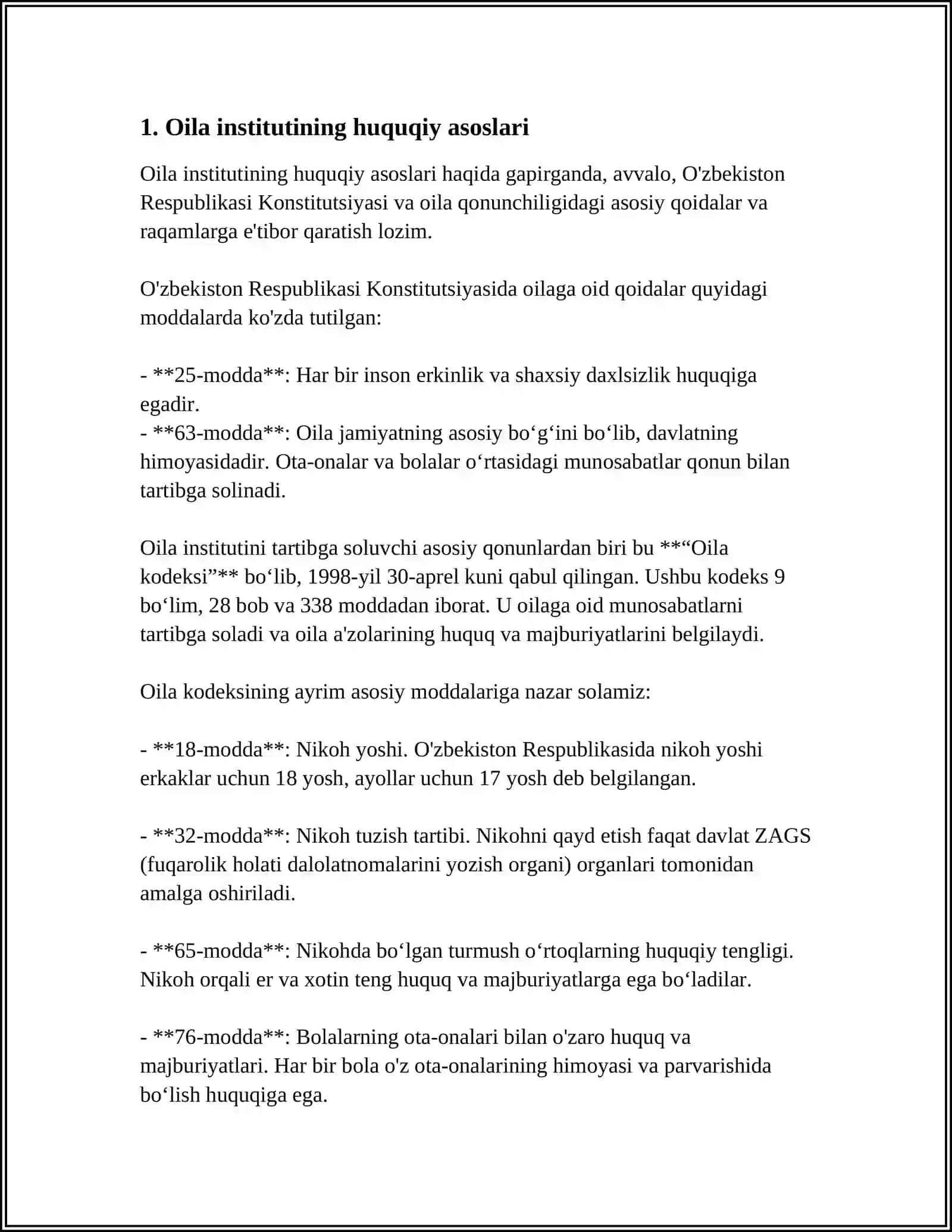 MUSTAQIL ISH Mavzu: OILA, BOLALAR VA YOSHLARGA OID KONSTITUTSIYAVIY HUQUQIY ASOSLARI 3