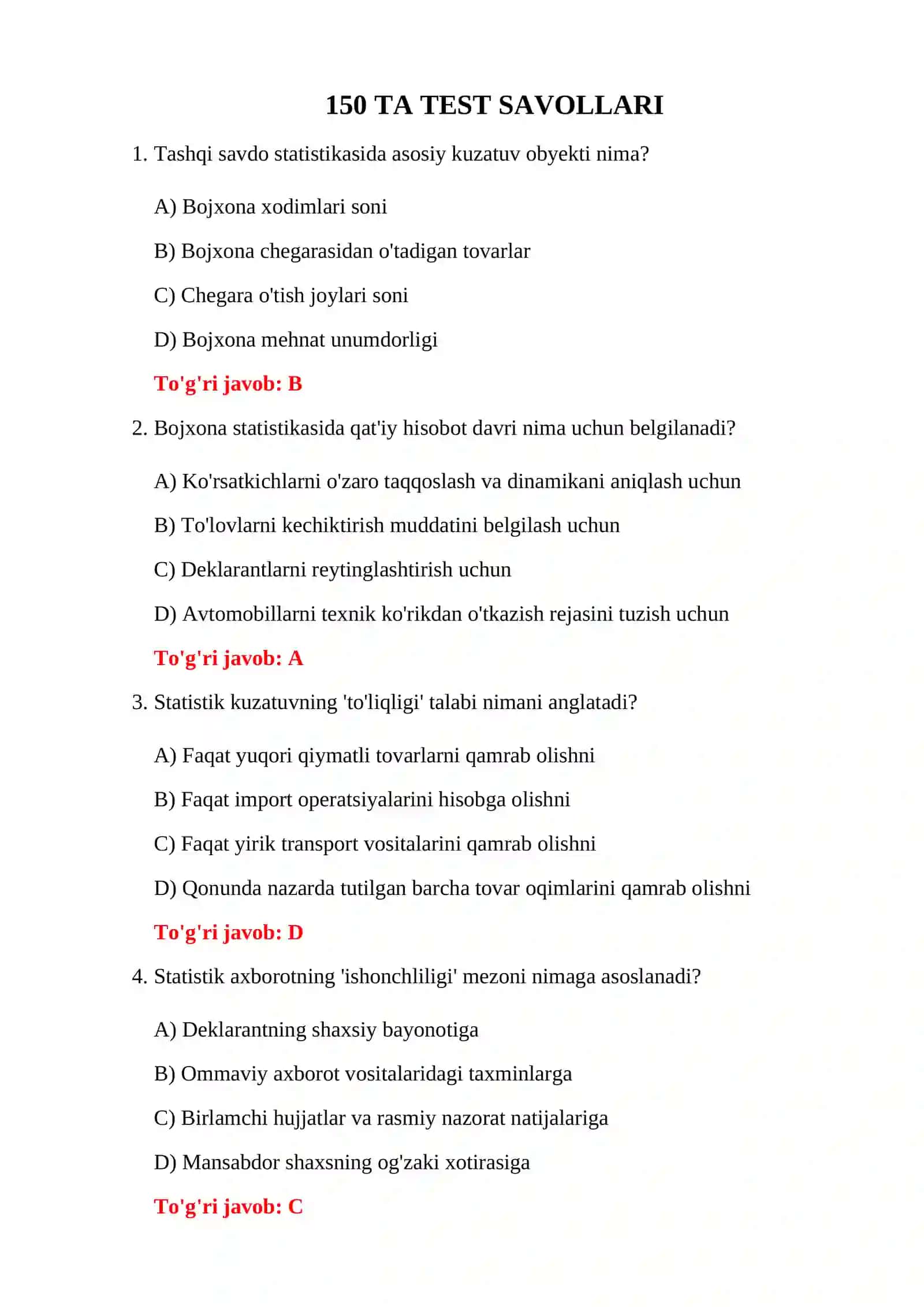 BOJXONA STATISTIKASI YAKUNIY TESTLARI 3