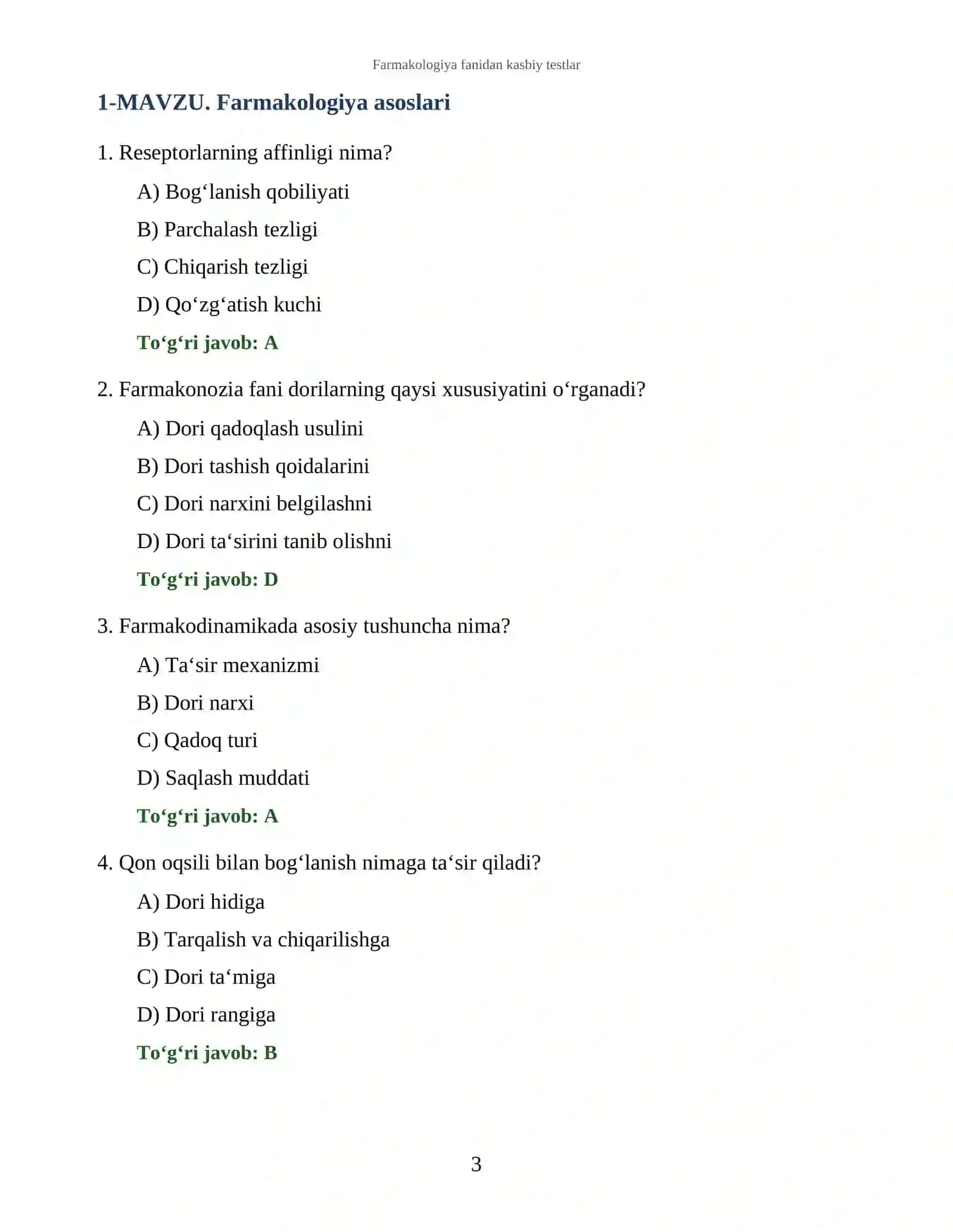 Farmakologiya fanidan kasbiy testlar 3