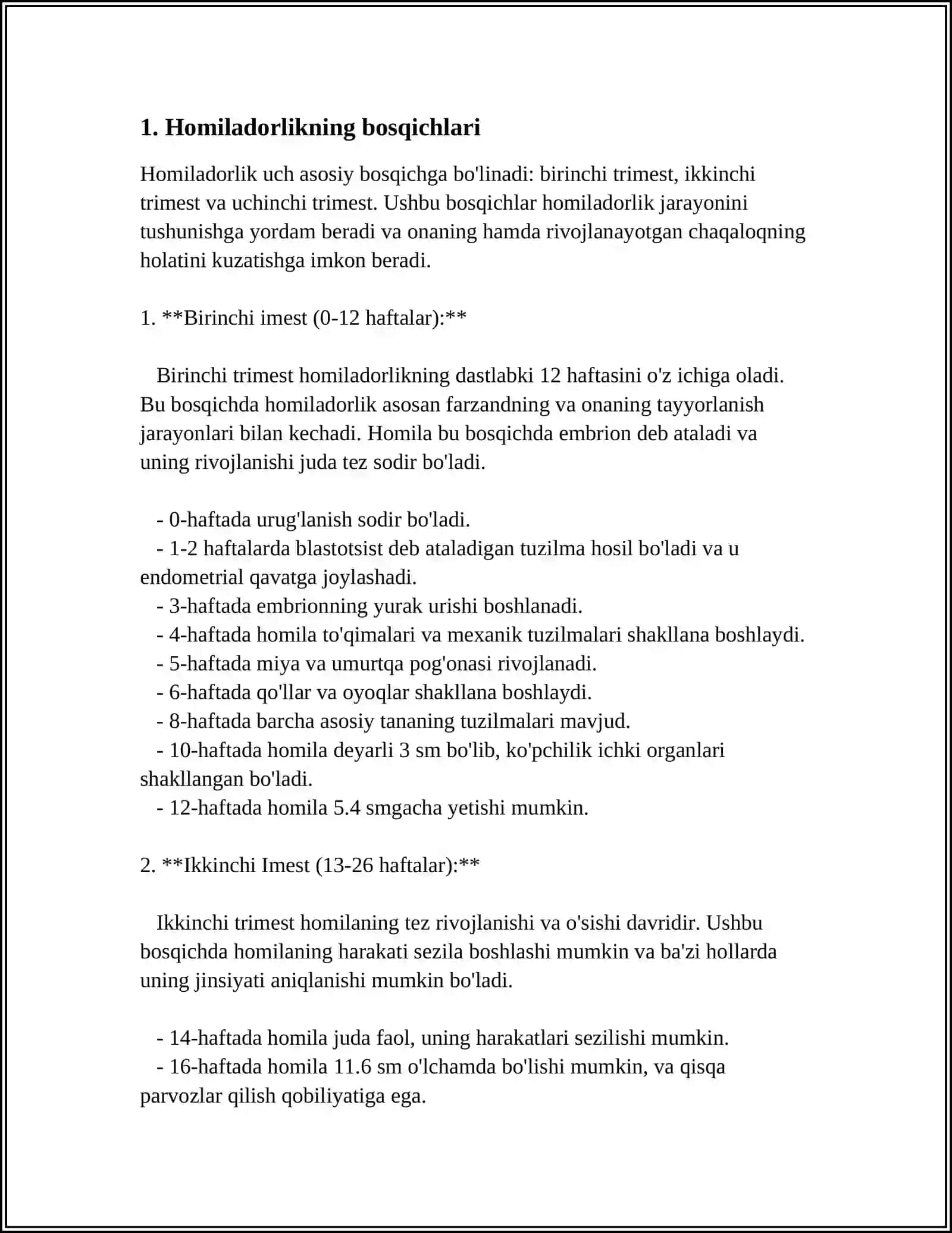 7. HOMILANI CHANOG‘I BILAN KELISHI. HOMILADORLIK VA TUG‘RUQNI KECHISHI. TUG‘RUQ BIOMEXANIZMI. LOVSET VA MORISO-SMELLI-VEYTA USULLARI. HOMILADORLAR KO‘NGIL AYNISHI VA QUSISHI. ETIOLOGIYASI, TASNIFI, KLINIKASI, DAVOLASH 3