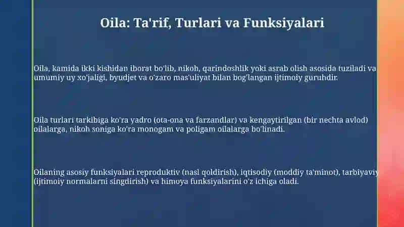 Oila: Ta'rif, Funksiyalari va Jamiyatdagi O'rni 3