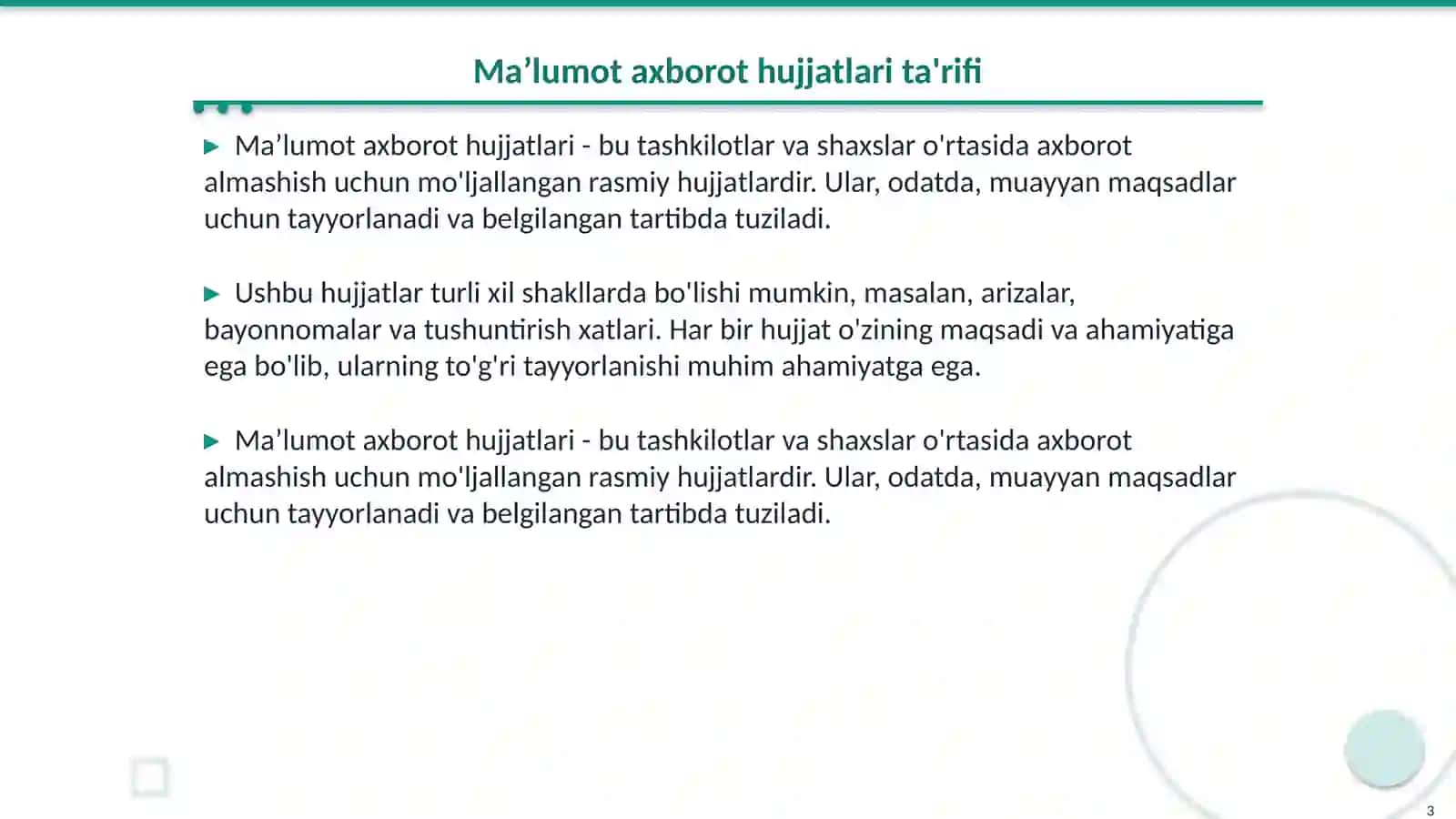 Maʼlumot axborot hujjatlari. Ariza, Bayonnoma, tushuntirish xati 3