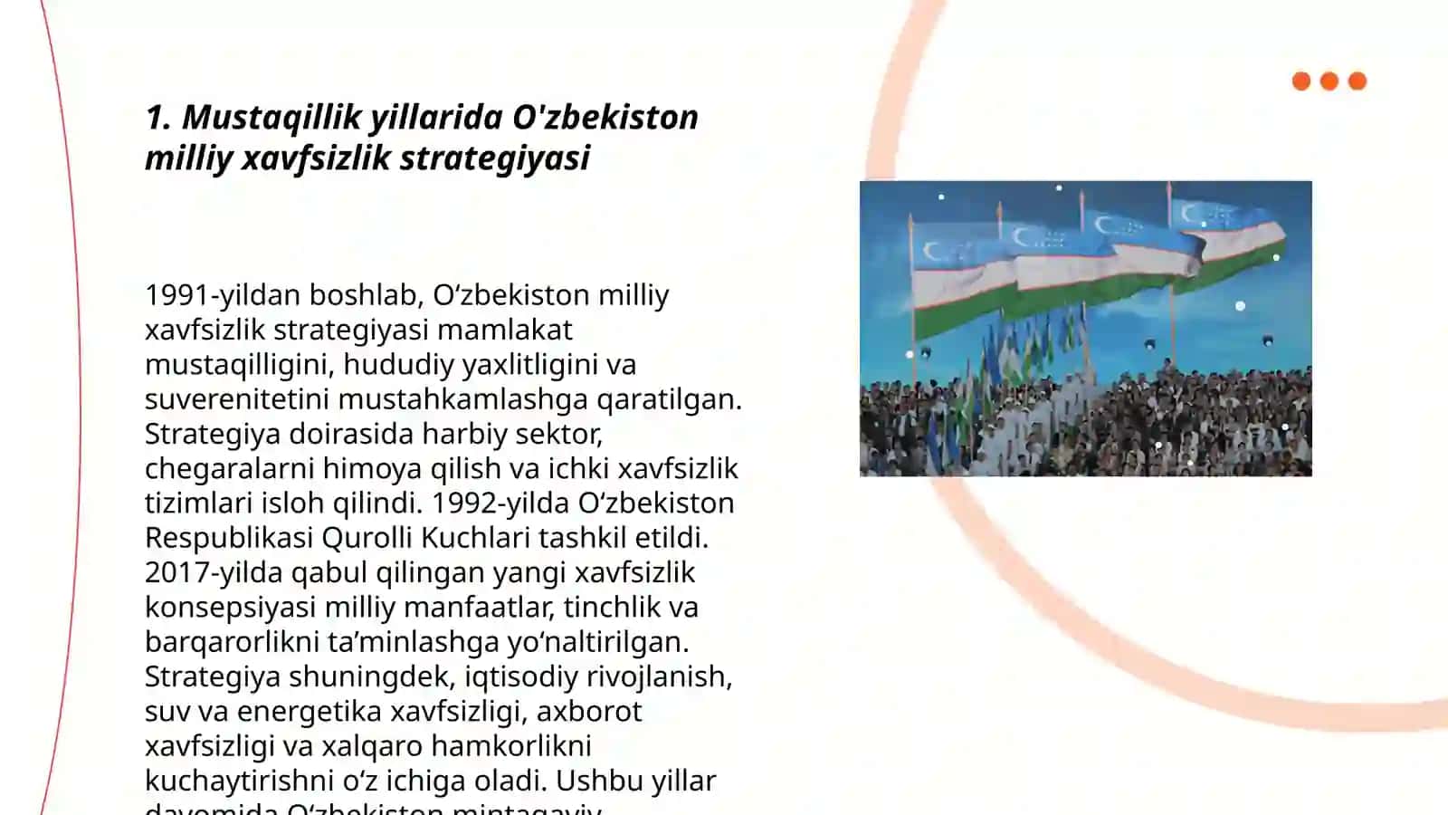 Mustaqillik yillarida O’zbekiston milliy xavfsizlikni ta’minlash borasida amalga oshirilayotgan ishlar 3