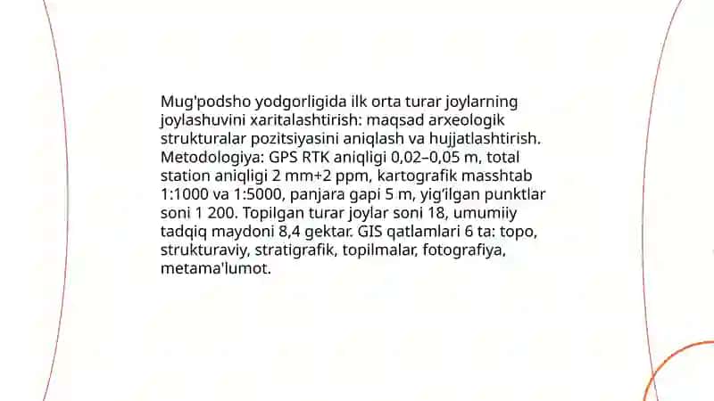 Mug'podsho yodgorligida ilk orta turar joylarni hujjatlashtirish 3