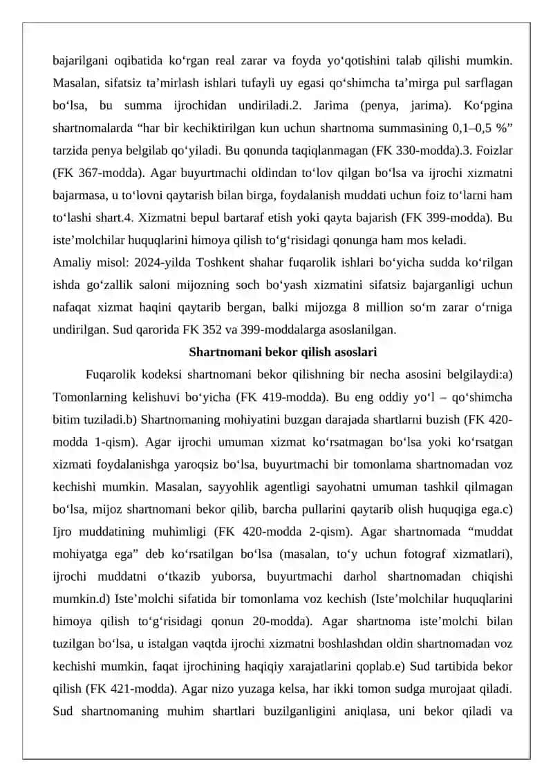 Haq evaziga xizmat ko‘rsatish shartnomasi shartlarini buzganlik uchun javobgarlik va shartnomani bekor qilish asoslari 3