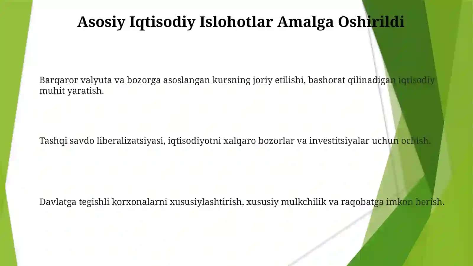 Iqtisodiy islohotlar xususiy mulkchilikning shakllanishi. O'zbdabozor munosabatlarining rivojlanishi 3