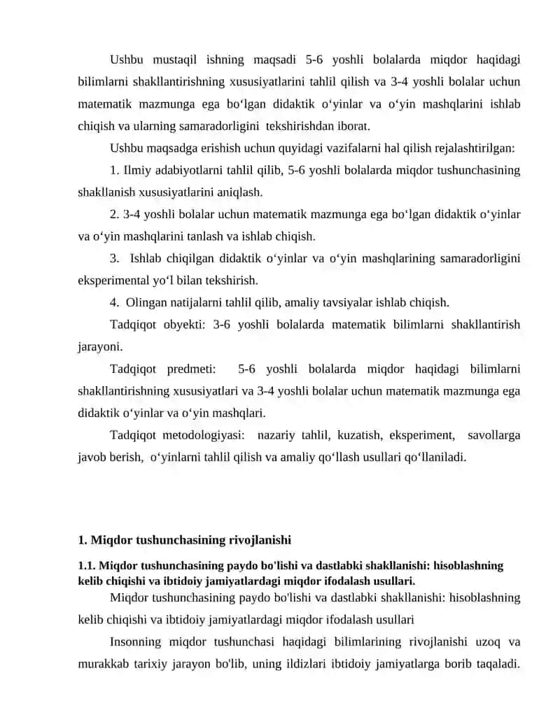 5-6 yoshli bolalarda miqdor haqidagi bilimlarni shakllantirishning xususiyatlari. 3-4 yoshli bolalar bilan ishlashda matematik mazmunga ega bo‘lgan didaktik o‘yinlar va o‘yin mashqlari. 3