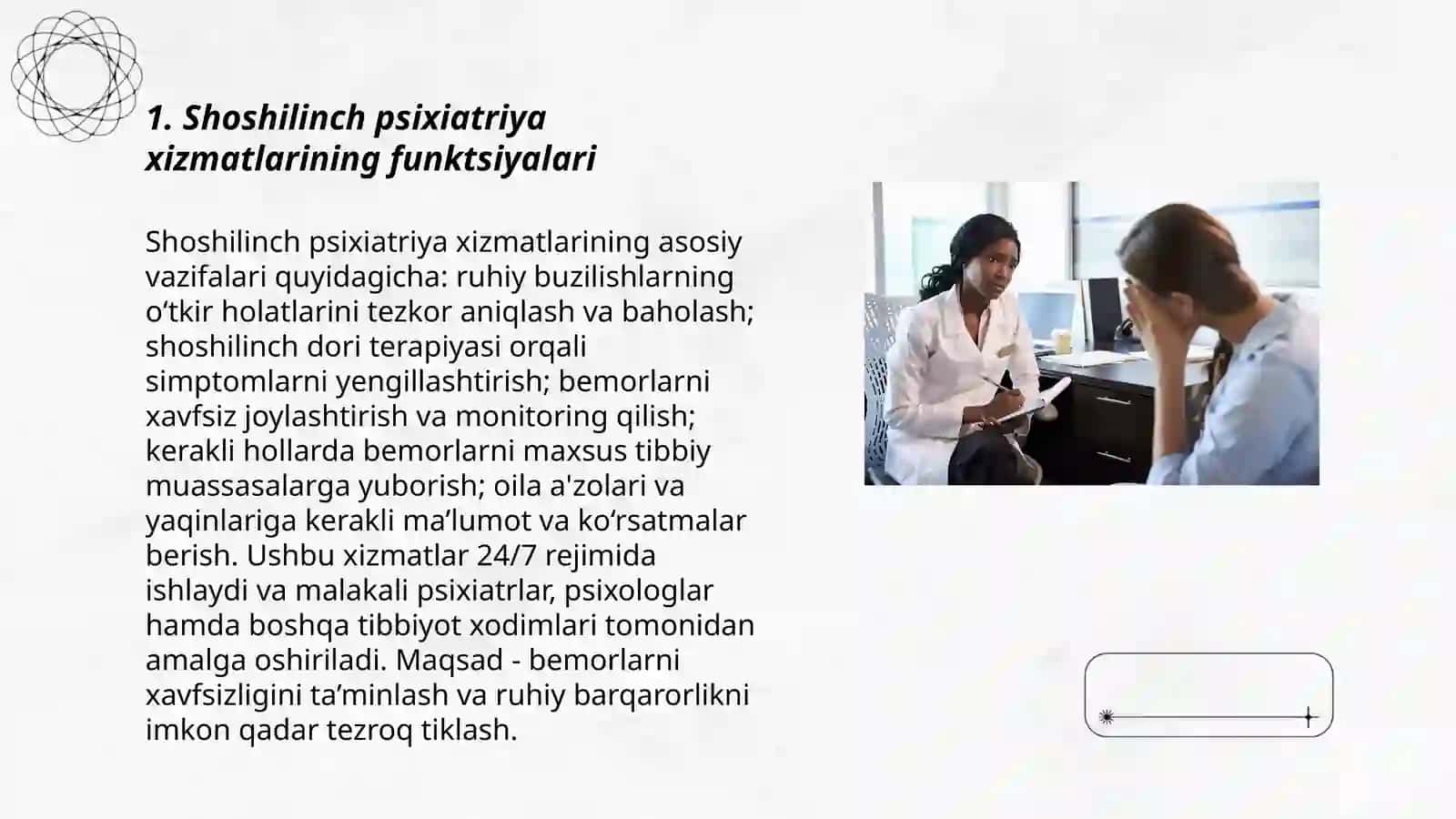 Shoshilinch vaziyatlarda psixiatrik yordamni tashkillashtirish malika 3
