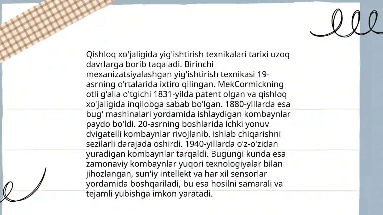 Qishloq xo'jaligini yig‘ishtirish jarayonida dastlabki texnik vositalari.Maxsulotlarga ishlov berish quritish asoslari 3