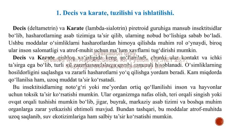 8. Decis va karate. Toksikologik ahamiyati, izolyatsiyasi, sifat va miqdoriy tahlil. Taqdimot 13 bet. 3