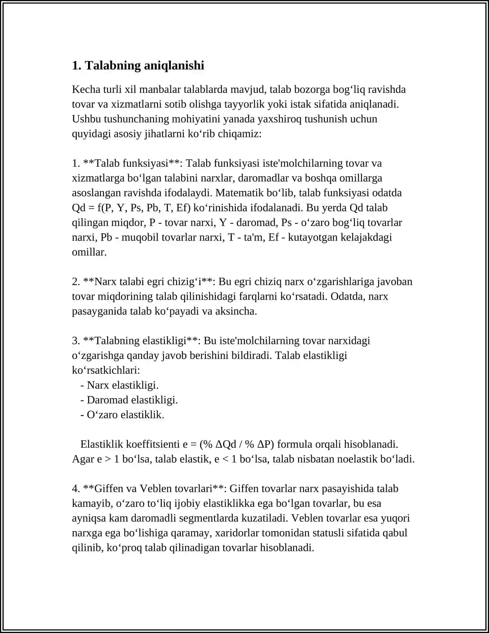 TALAB, TAKLIF, BOZOR MUVOZANATI. ELASTIKLIK 3