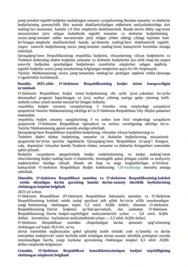 O‘ZBEKISTON RESPUBLIKASINING QONUNI 2025-YIL UCHUN O'ZBEKISTON RESPUBLIKASINING DAVLAT BUDJETI TO'G'RISIDA 3