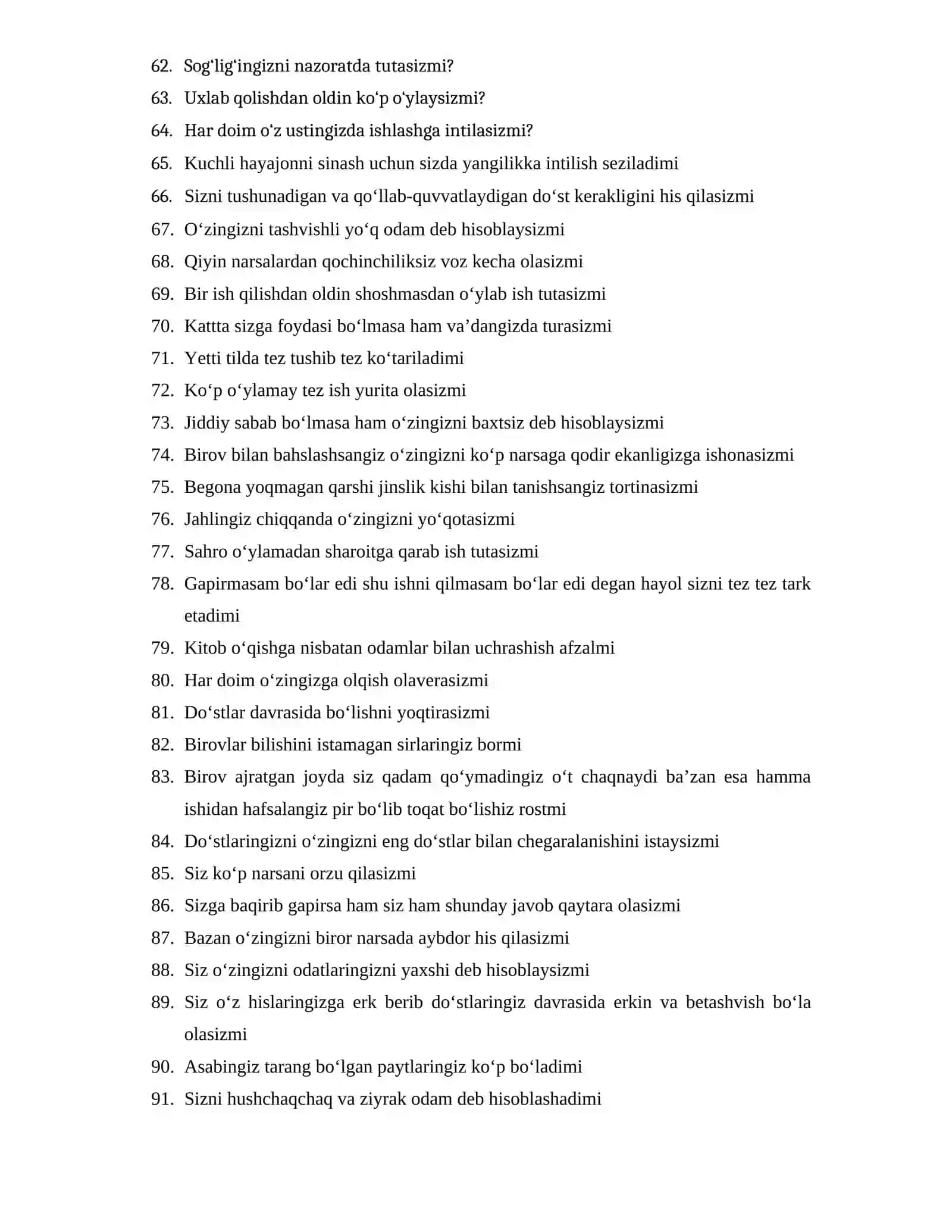 Harbiy aviatsiya instituti PSIXOLOGIK TEST SAVOLLARI HA/YO’Q (120 ta) 3