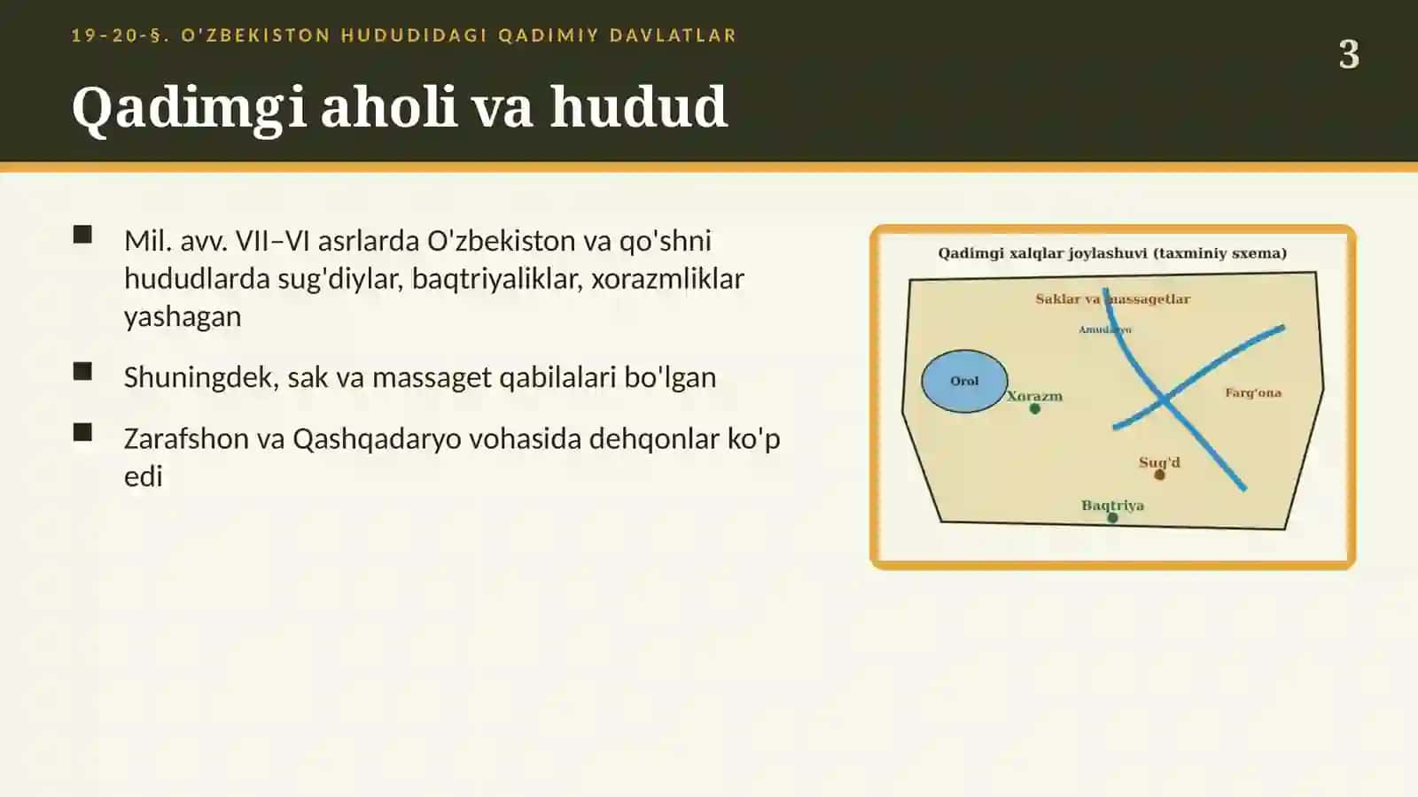 O'zbekiston hududidagi qadimiy davlatlar: Sug'd, Baqtriya, Xorazm (19–20-§, 6-sinf, 19 slayd) 3