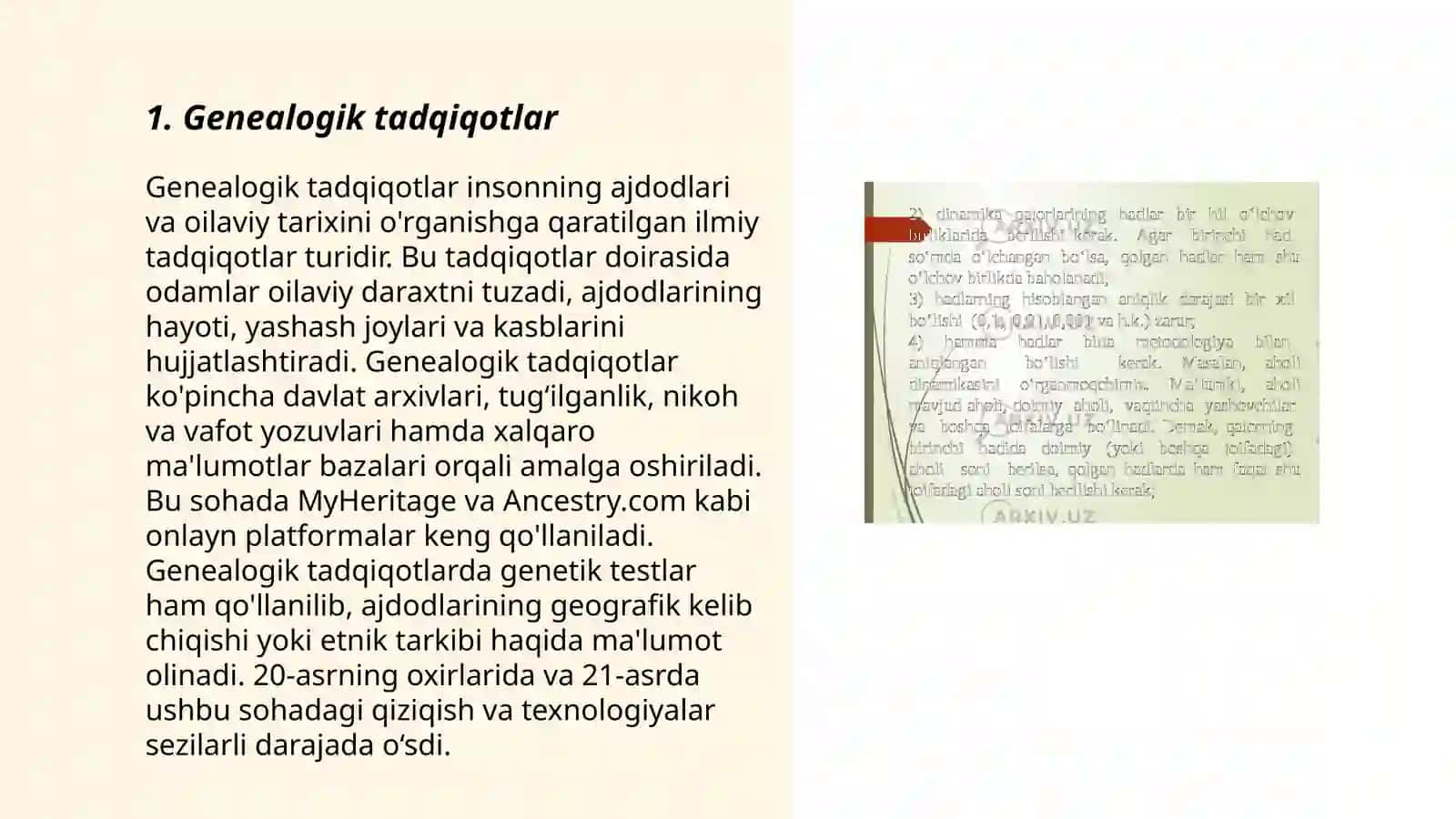 Odam genitikasining oʻrganish usullari:genealogik populatsion statistik egzaklar usuli 3