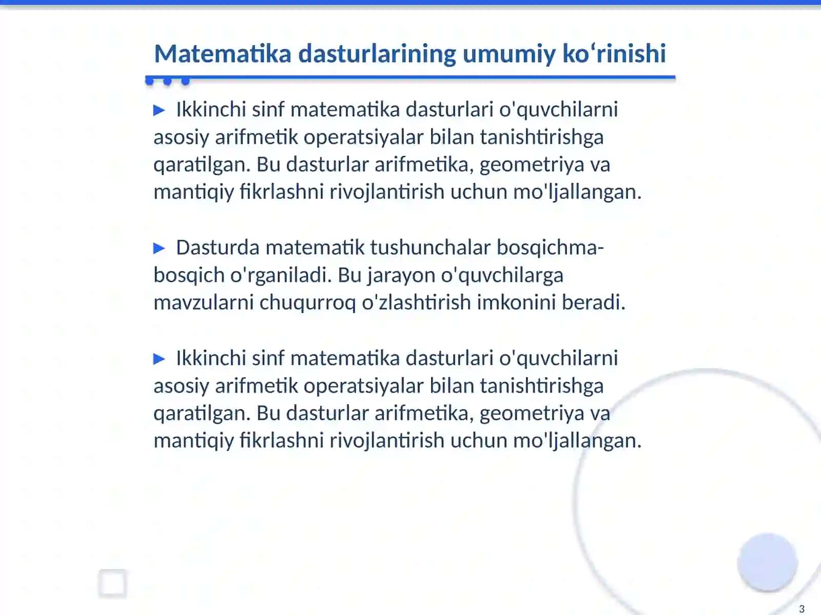 Ikkinchi sinf matematika dasturlari va materiallarning choraklar bo‘yicha joylashuvi umumiy tahlili 3