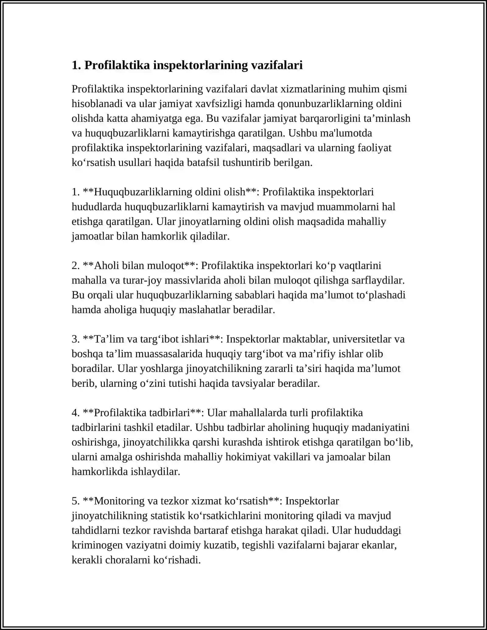REFERAT Mavzu: PROFILAKTIKA INSPEKTORLARINING FAOLIYATIDA HUJJATLASHTIRISH VA REJALASHTIRISH 3