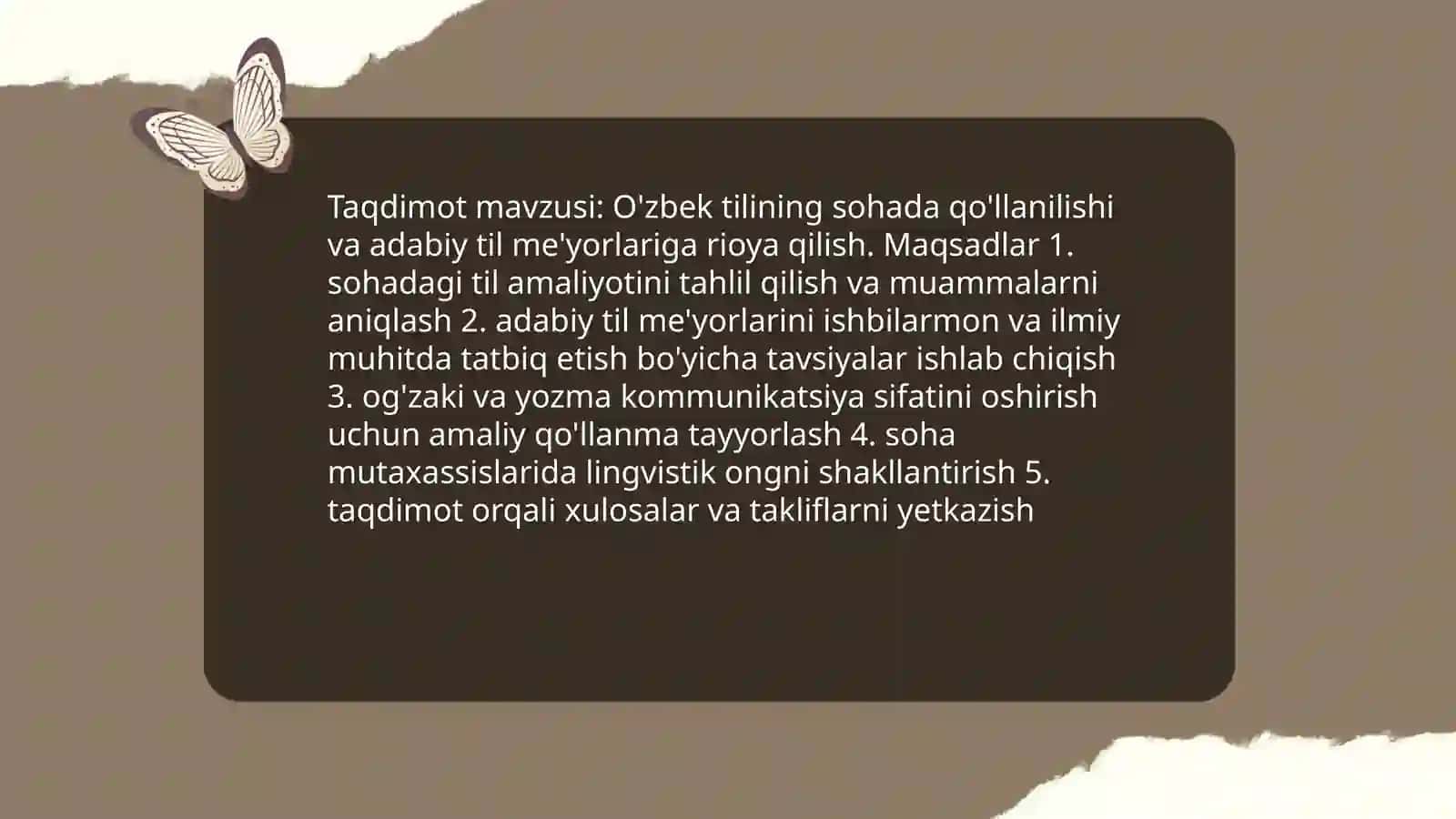 O'zbek tilining sohada qo'llanilishi, bunda adabiy til me'yorlariga rioya qilish haqida taqdimot tayyorlash 3