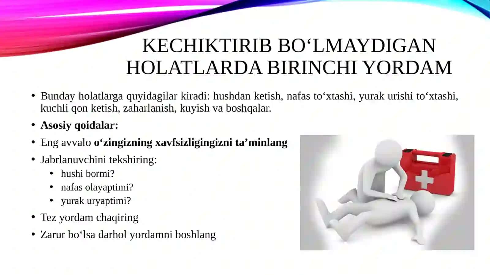 Kechiktirib bulsaydigan xolatlarda 1-yordam ko’rsatish. Sun’iy navas olish va yurakni bilvosita massaj qilish chuntak ingalyatorlaridan tug’ri foydalanish 3