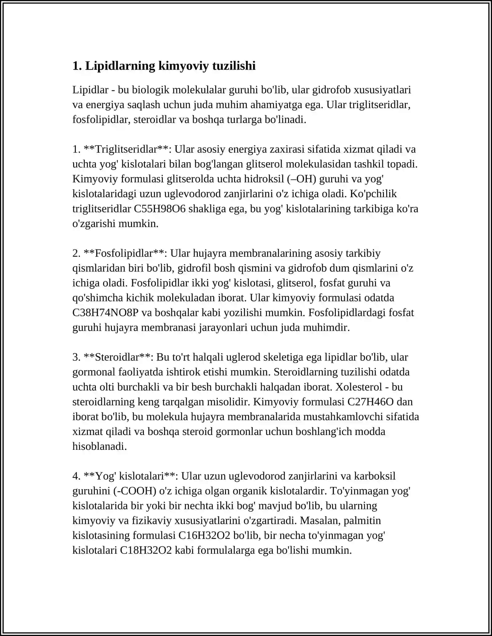 LIPIDLARNING TUZILISHI, FUNKSIYASI VA METABOLIZMI 3