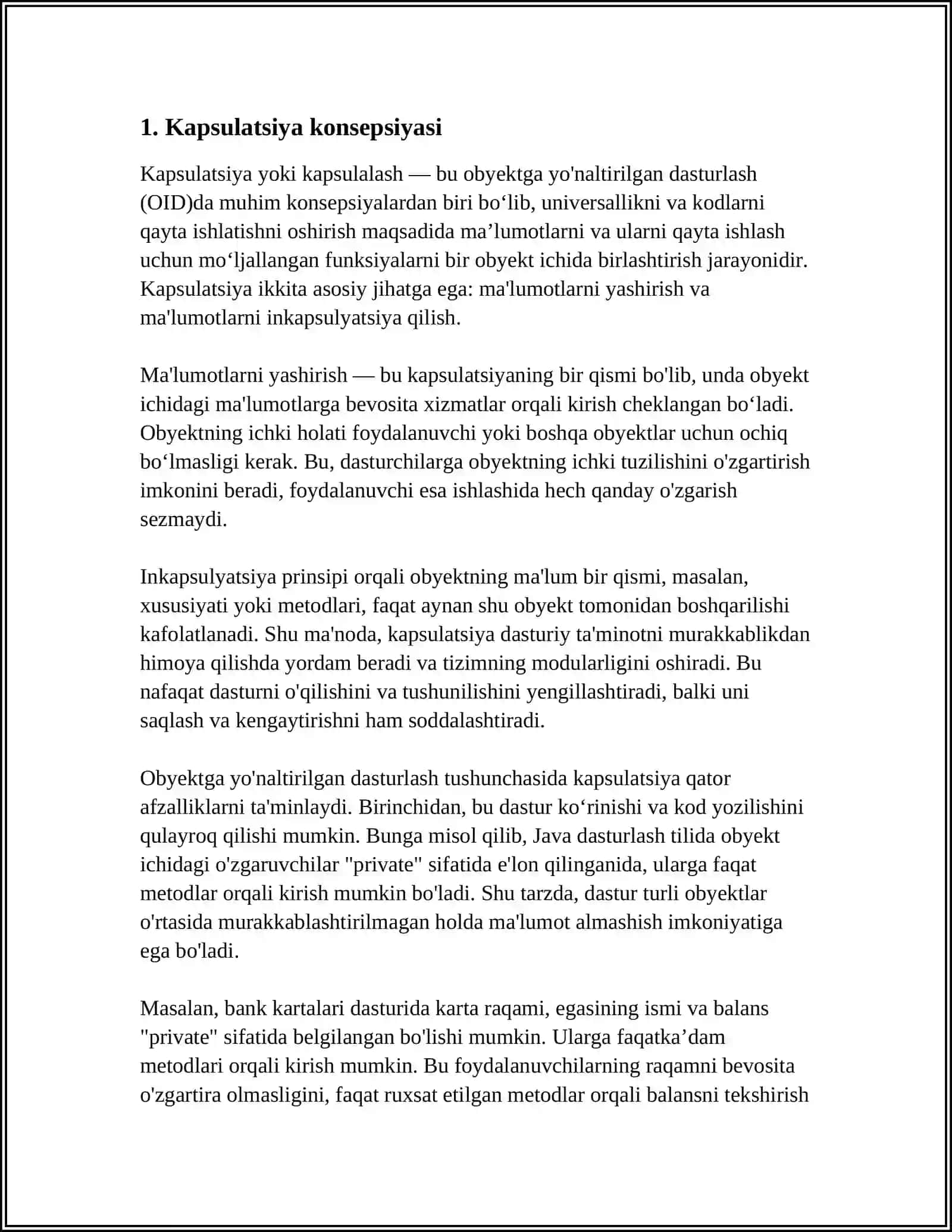 KAPSULYATSIYA ENCAPSULATION VA MA‘LUMOTLARNI YASHIRISH KAPSULYATSIYA PRINTSIPNI TUSHUNTIRISH VA SINFLARDA ATRIBUTLARNI YARATISH, FAQAT METODLAR ORQALI ULARGA 3