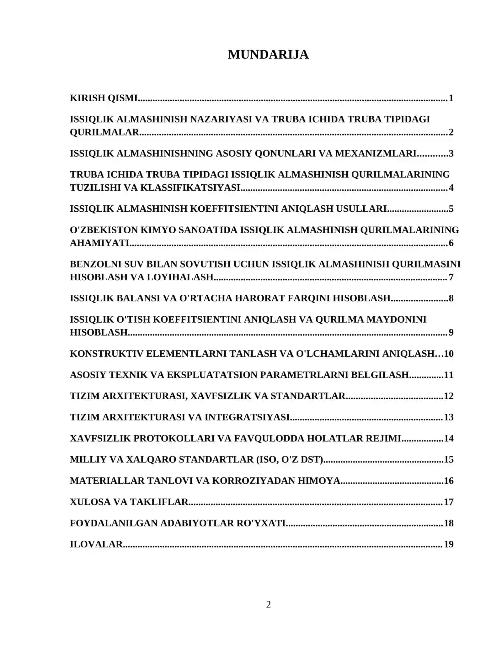 Benzolni suv bilan sovutish uchun truba ichida truba issiqlik  
almashinish qurilmasini hisoblang va loyihalang. Berilgan:  
unumdorligi G=10,32 t/soat, benzolning harorati tb=620C, to=32 
0C,  
suvning harorati tb=190C, to=33 
0C. 3
