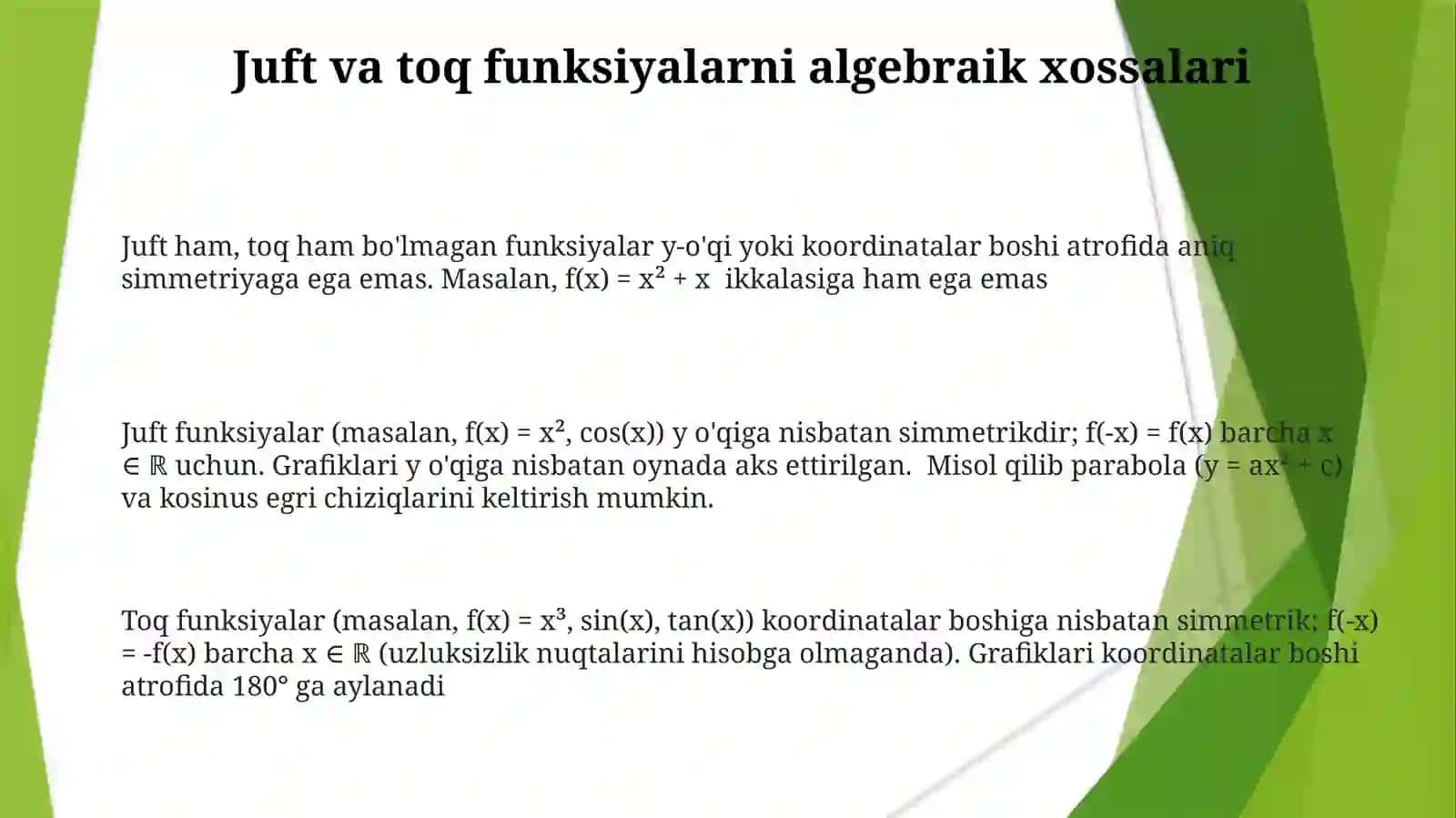 Juft va toq funksiyalar asosiy xossalari va grafiklari 3