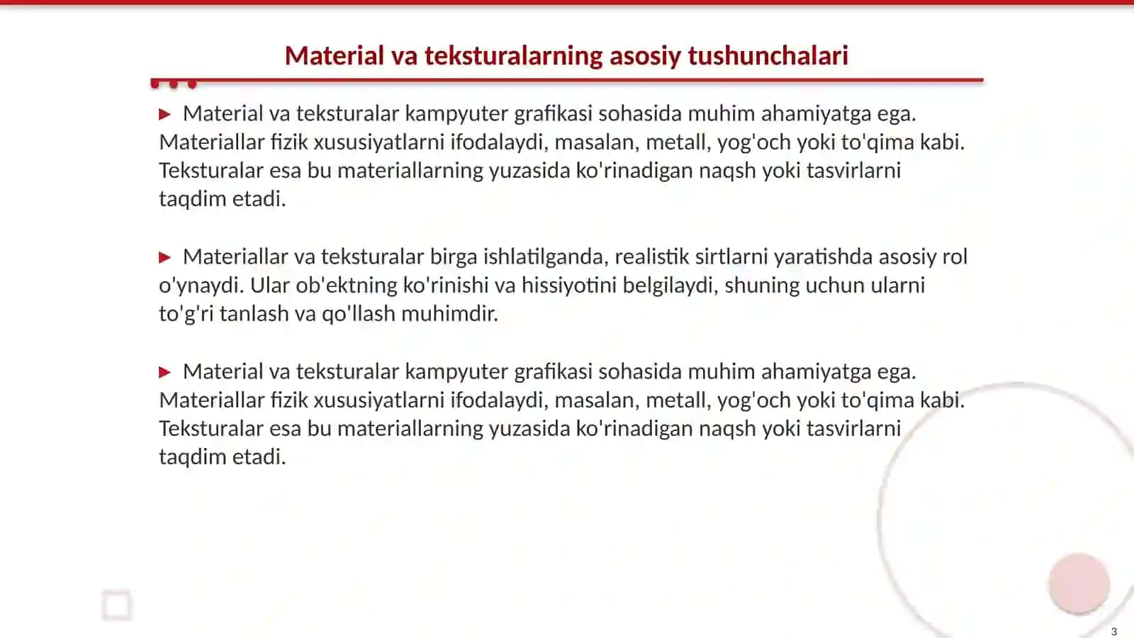 Material va teksturalar yordamida realistik sirt yaratish kampyuter grafikasi fanidan 3