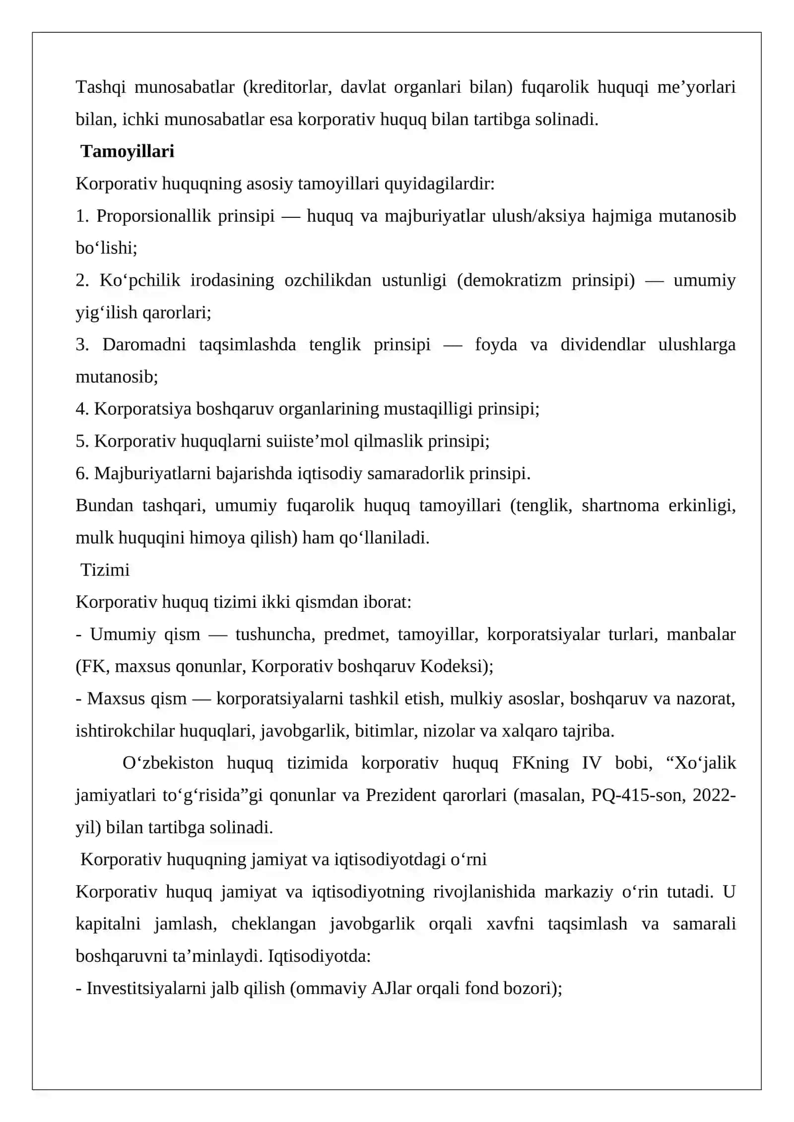 Korporativ huquq tushunchasi, predmeti, tamoyillari va tizimi 3