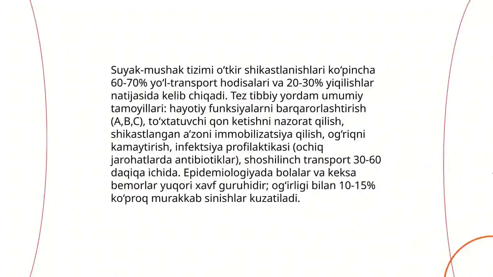 Suyak-mushak tizimi o'tkir shikastlanishlarida tez tibbiy yordamning umumiy tamoyillari va epidemiologiyasi 3