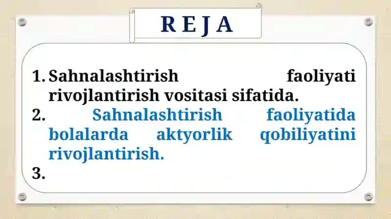 BOLALARNI SAHNALASHTIRISH VA IJODIY FAOLIYATGA O‘RGATISH 3