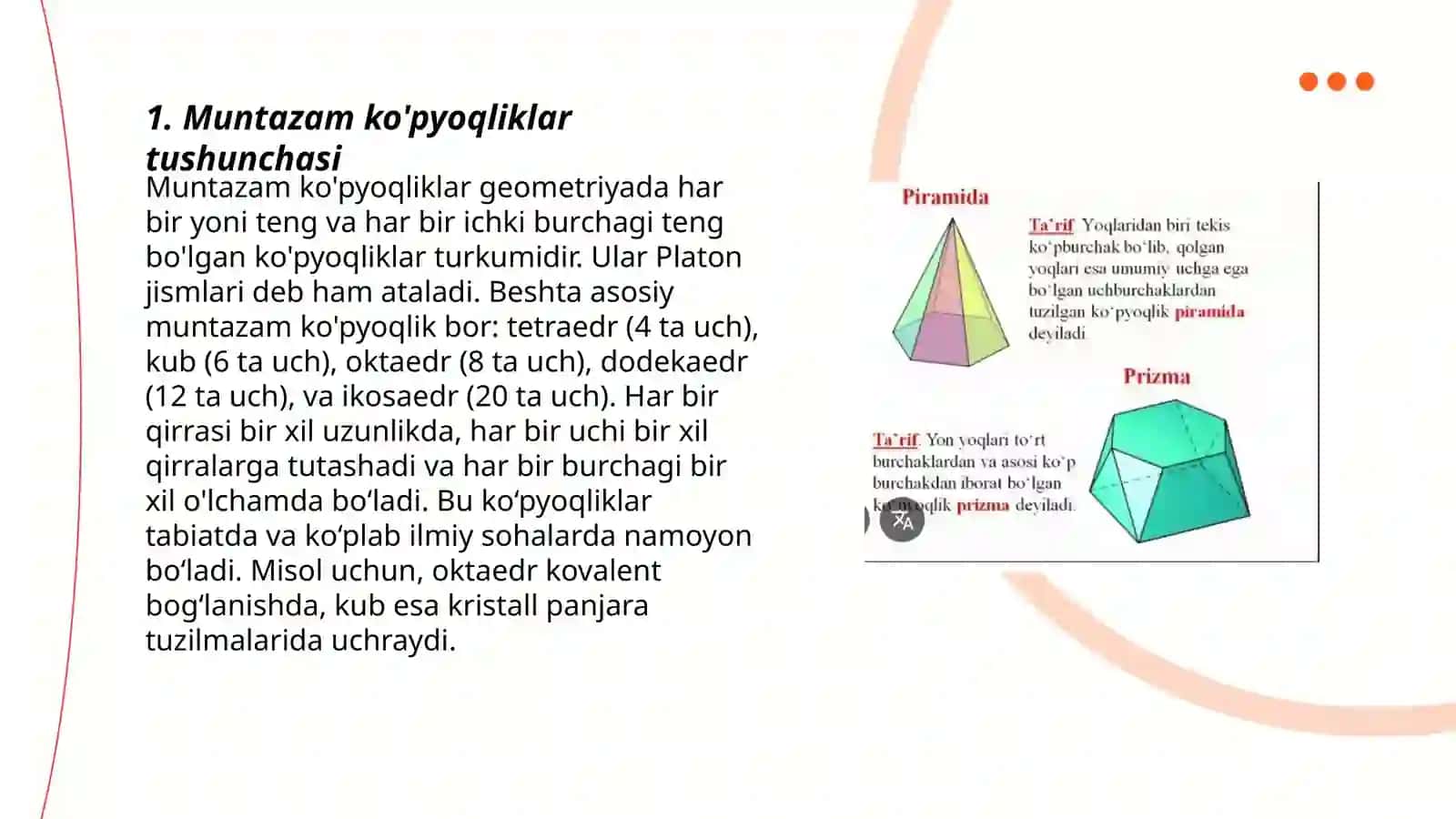 Muntazam ko'pyoqliklar va ular asosida yasaladigan boshqa xil ko'pyoqliklar 3