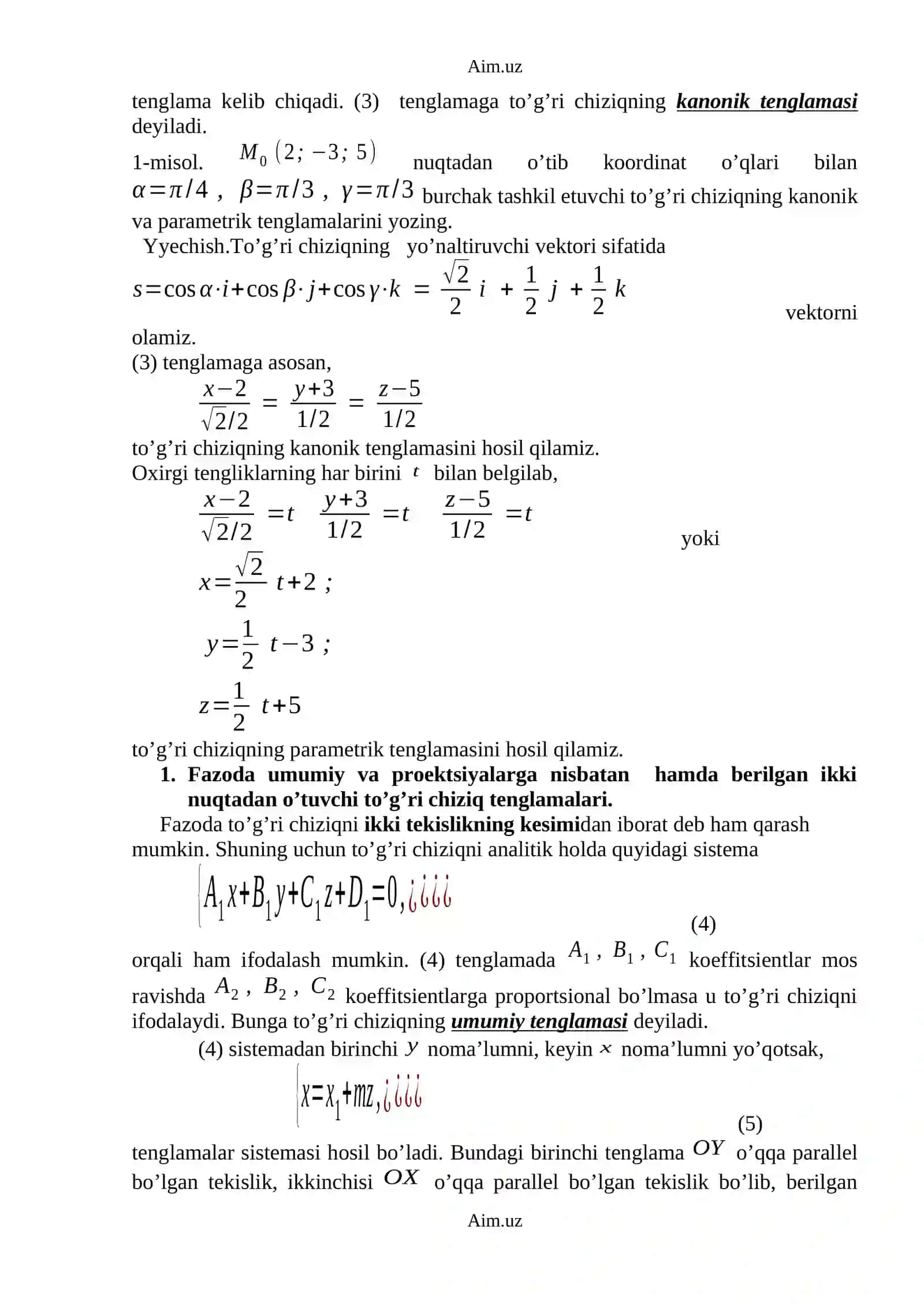 Parametrik Tenglama va Fazoda To'g'ri Chiziq Tenglamalari 3
