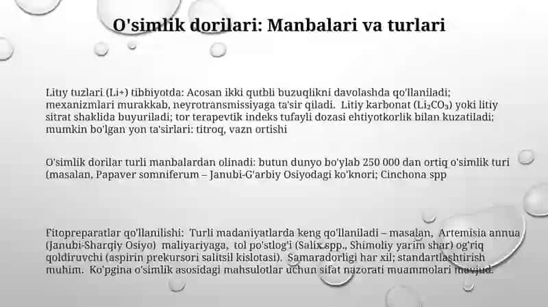 Fitopreparatlar va ularning qollanishi. Litiy tuzlari 3