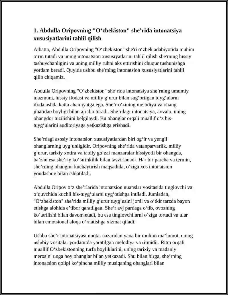 ABDULLA ORIPOVNING "O‘ZBEKISTON" SHE'RIDAGI INTONATSIYA,URG‘U,PAUZALAR USTIDA ISHLASH 3