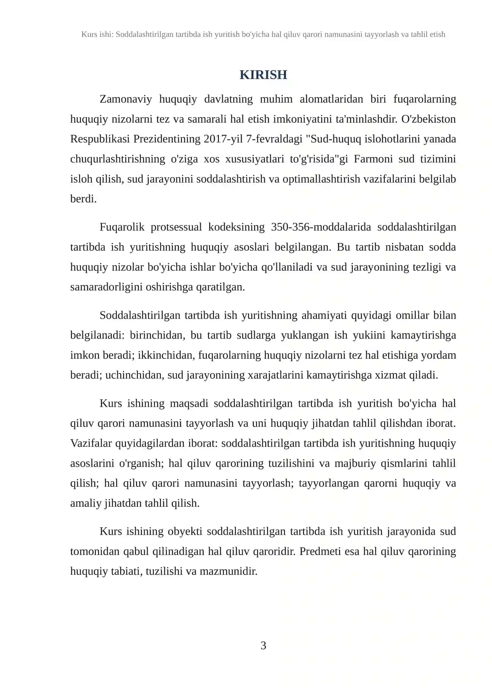 Kurs ishi: Soddalashtirilgan tartibda ish yuritish bo'yicha hal qiluv qarori namunasini tayyorlash va tahlil etish 3