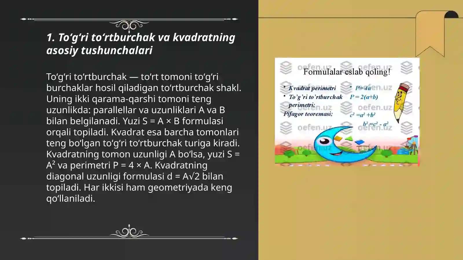 Toʻgʻri toʻrtburchak va kvadrat yuziga doir masalalar yechishga oʻrgatish metodikasi 3