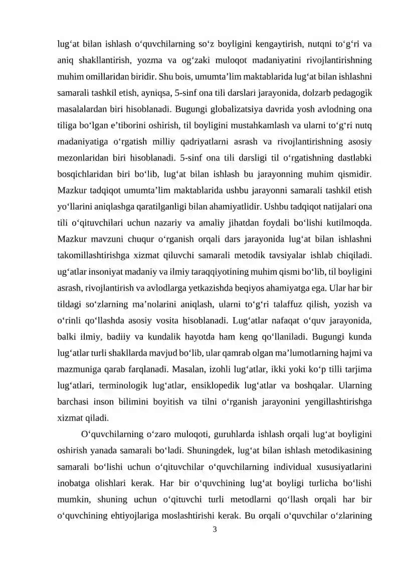 Umumta’lim maktablarida lug‘at bilan ishlashni tashkil etish metodikasi (5-sinf ona tili darslari misolida) mavzusidagi KURS ISHI 3