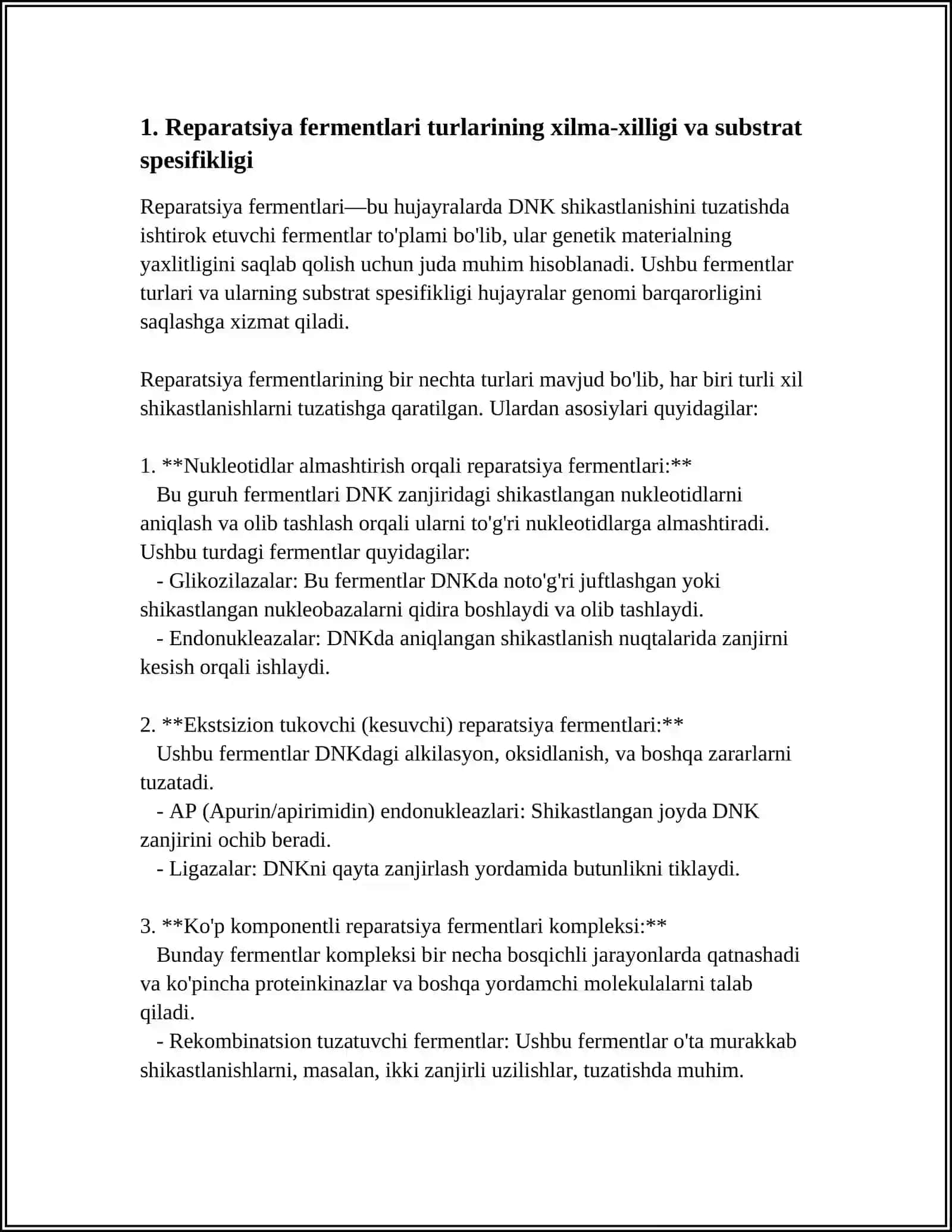 REPARATSIYA FERMENTLARI FAOLIYATINING XILMA-XILLIGI.NOALLEL GENLARNING O‘ZARO TA‘SIRI.PLEYOTROPIYA 3
