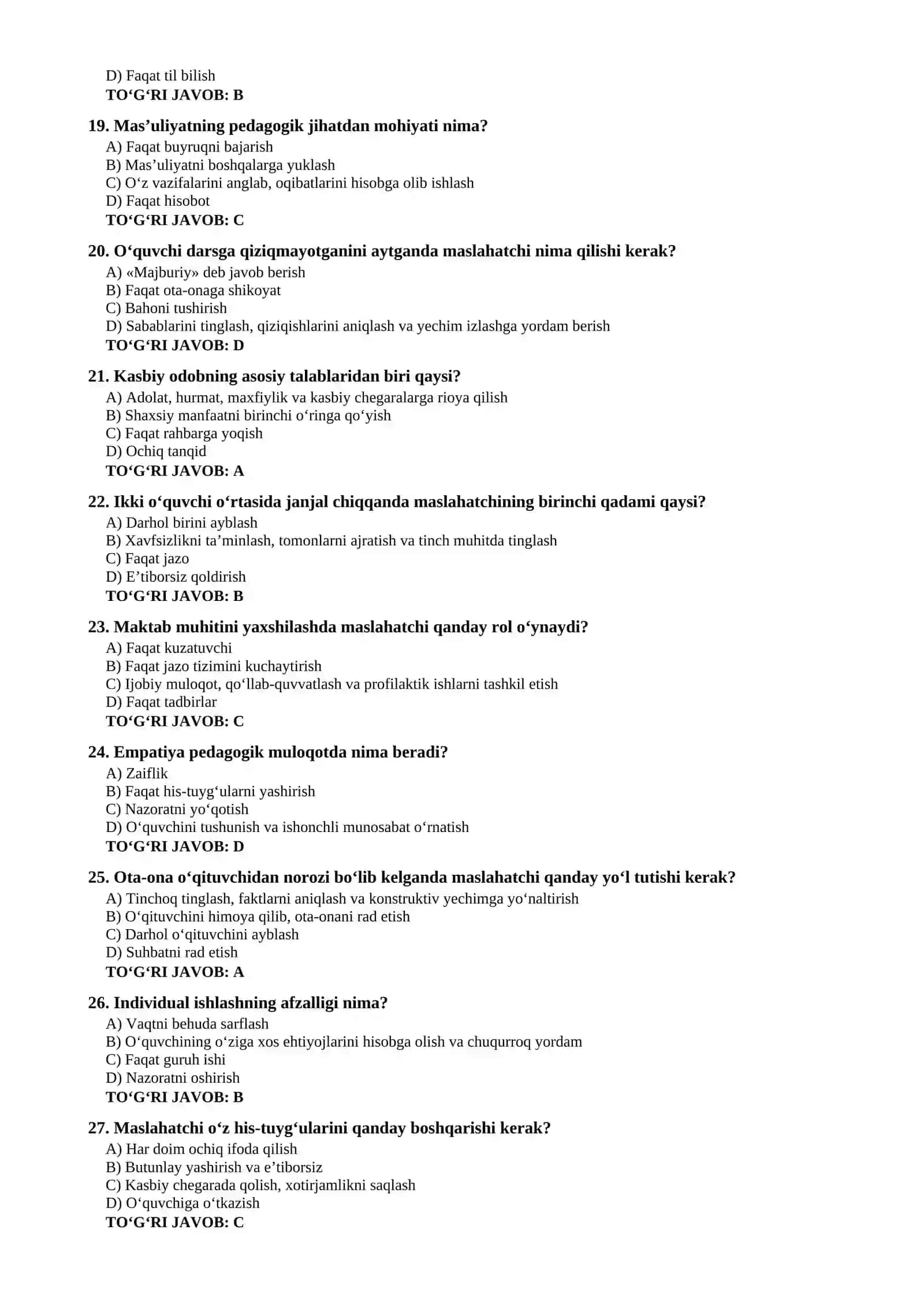 Maktab maslahatchisi testlar to'plami 3