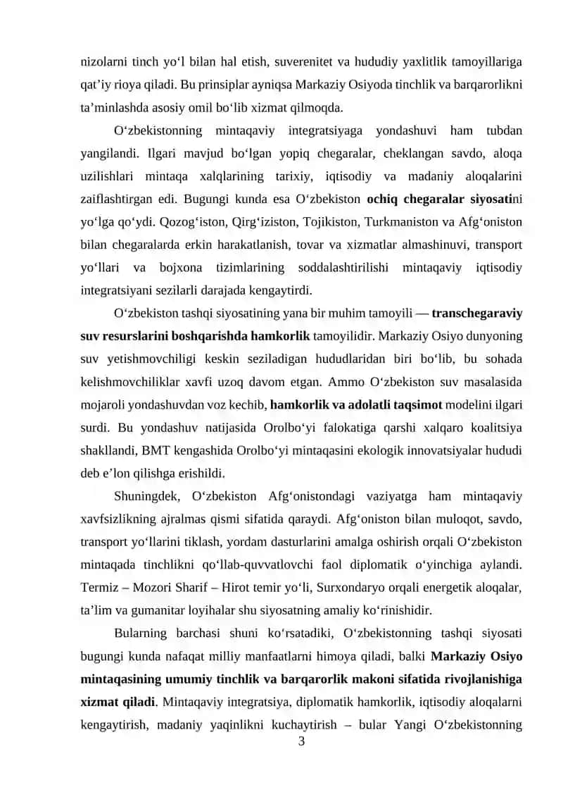 O'ZBEKISTONNING MARKAZIY OSIYODA TINCHLIK VA BARQARORLIKNI TA'MINLASHDAGI O‘RNI 3