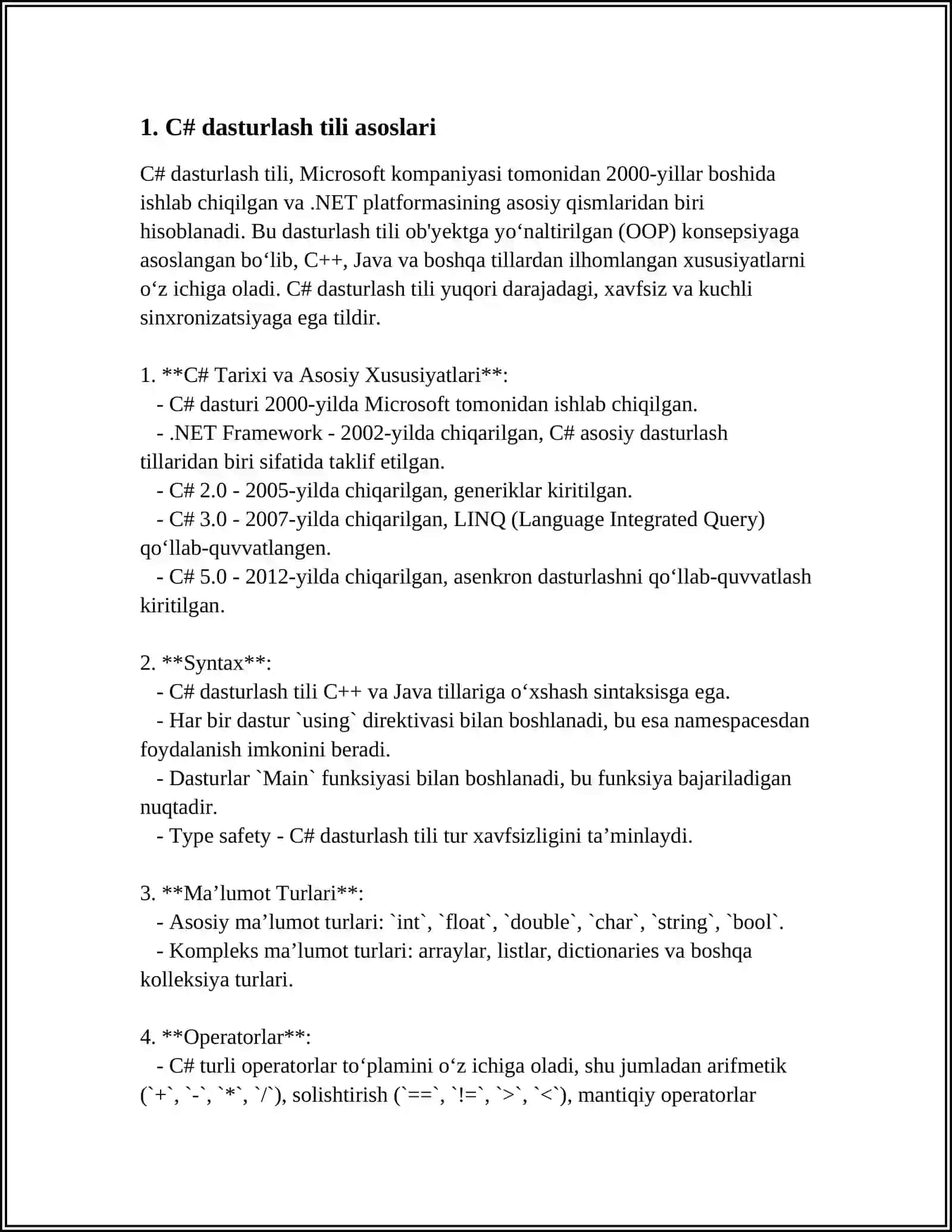 C# VA BOSHQA TILLARDA (PASKAL C++) MODULLI DASTURLASH (4 BET) 3