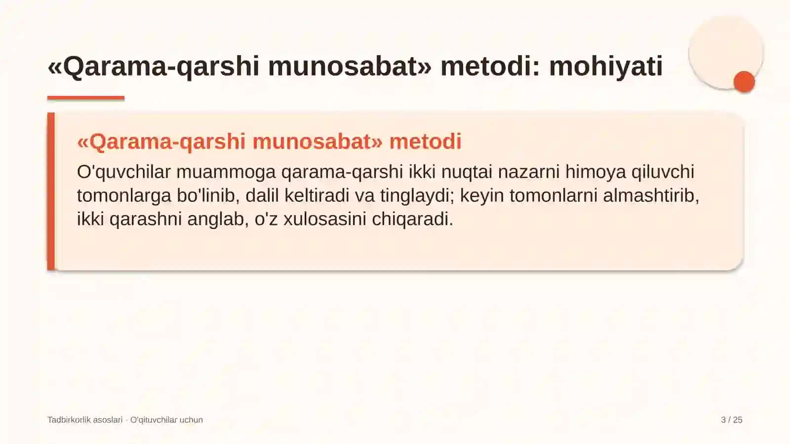 tadbirkorlik asoslari darslarida qarama qarshi munosabat metodidan foydalanish 5392 3