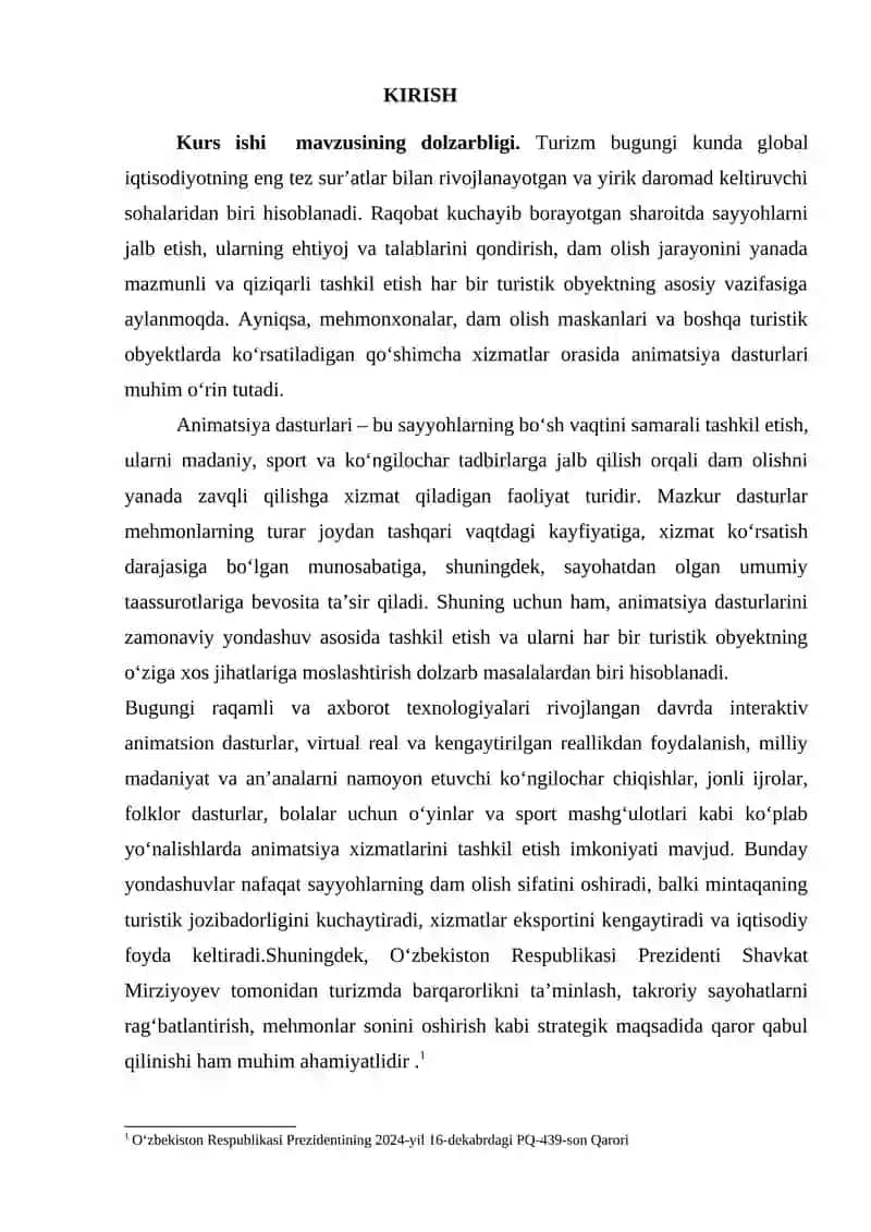 turistik xizmatlar tizimida animatsion dasturlarni tashkil etish, ularning turlari, mazmuni, tashkiliy jihatlari hamda mijozlarga ko‘rsatiladigan xizmatlar sifatiga ta’sirini o‘rganish 3